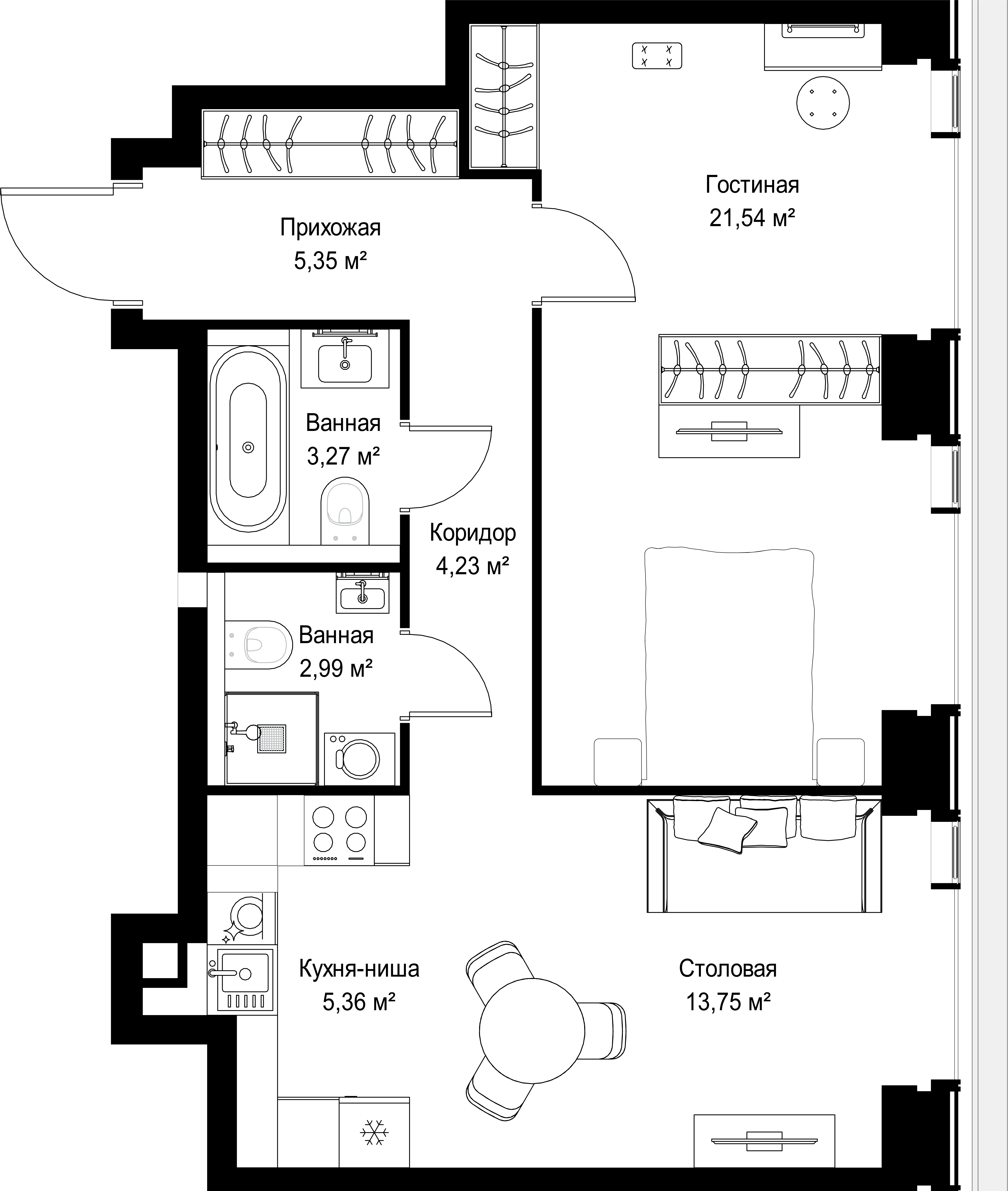 2-комнатная, 56,49 м² — 27 430 188 ₽