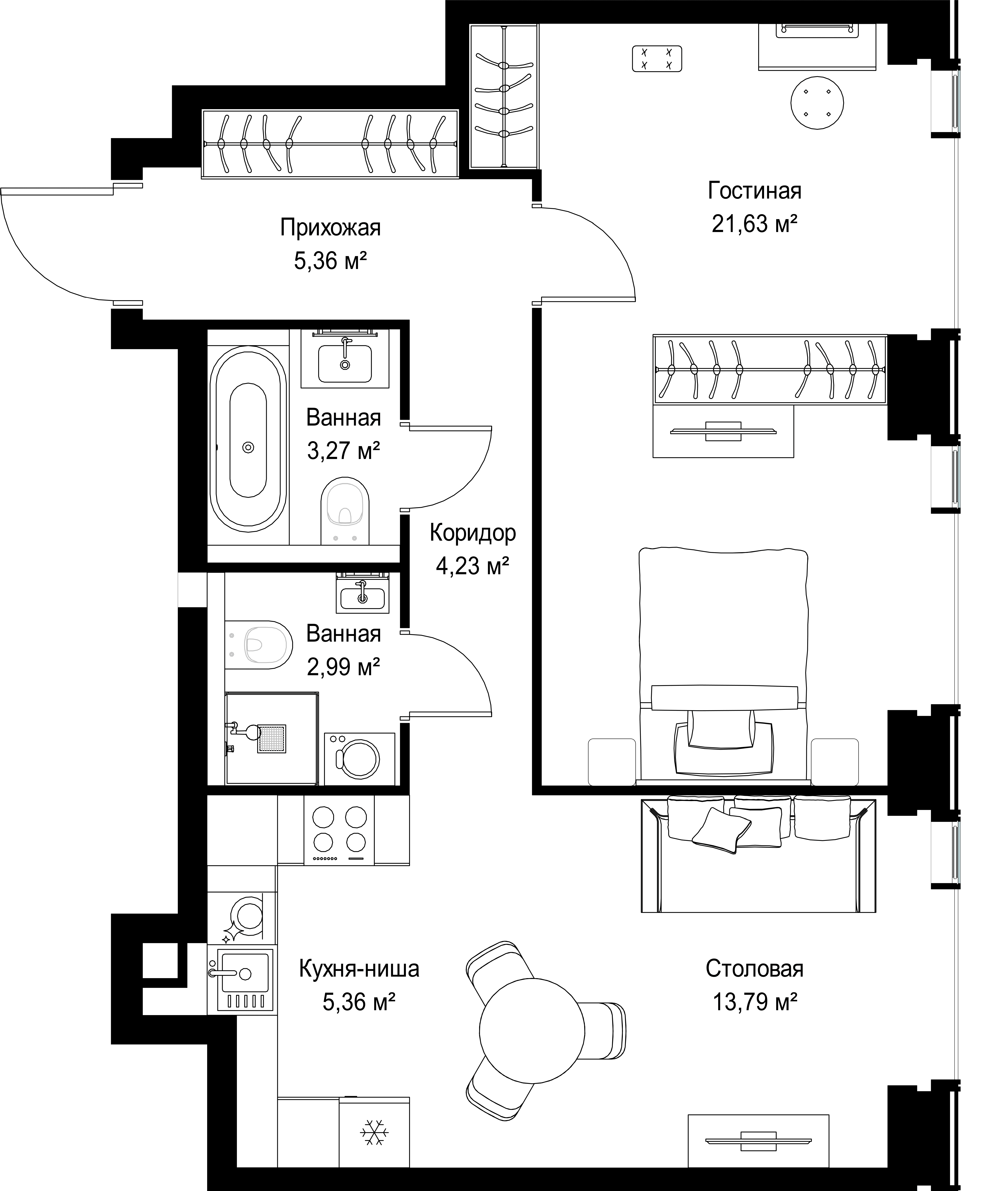 2-комнатная, 56,63 м² — 27 623 207 ₽