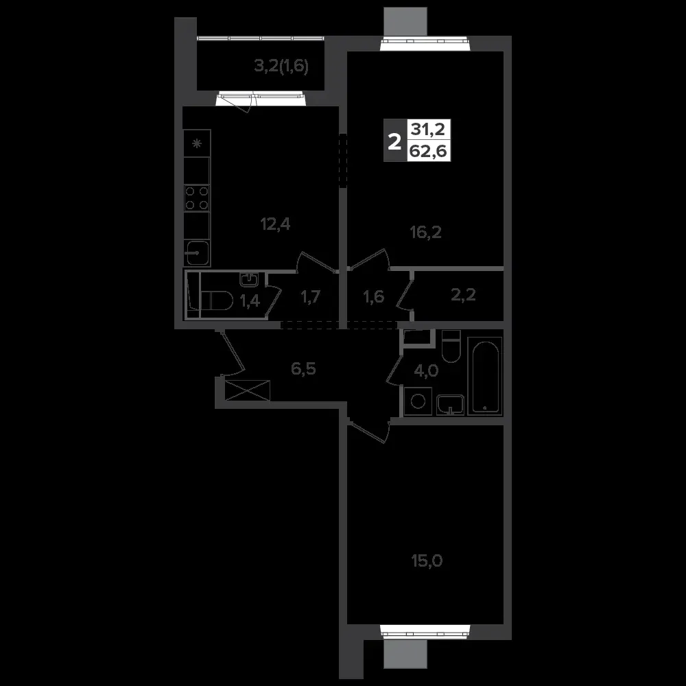 2-комнатная, 61,6 м² — 14 341 404 ₽