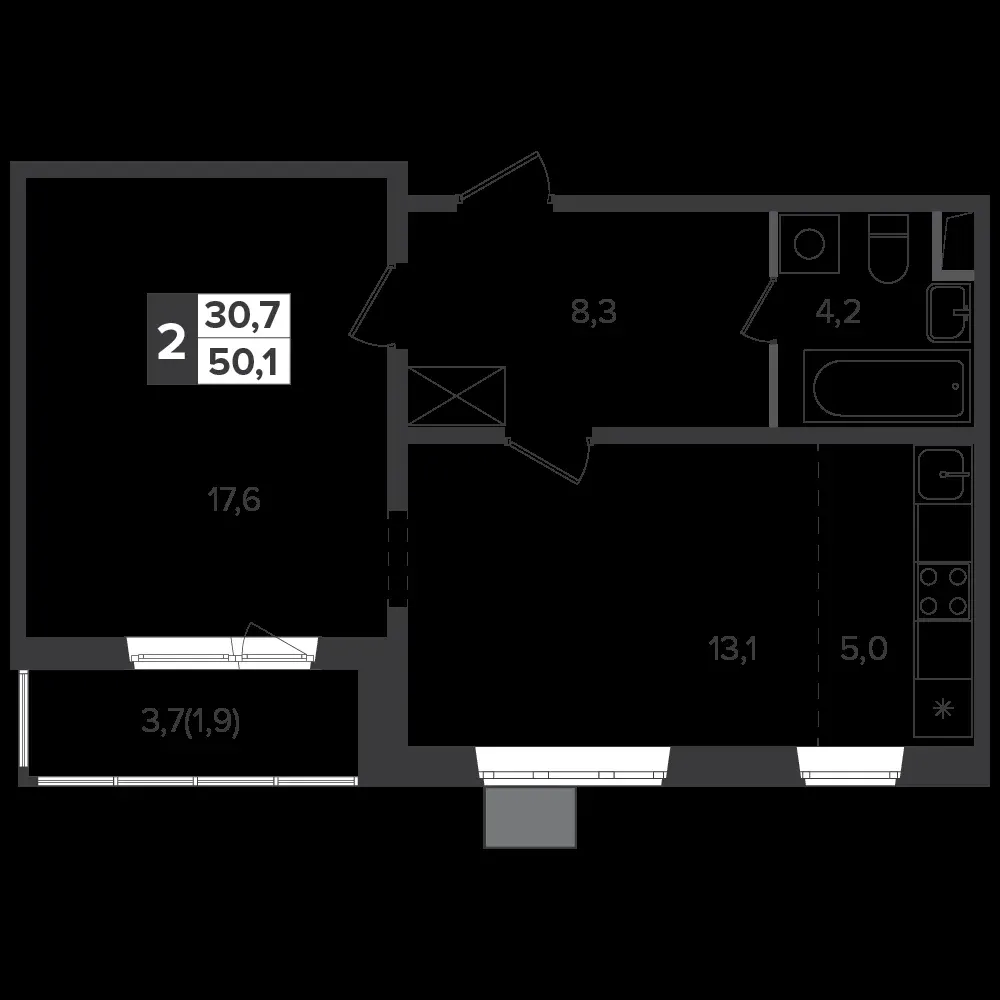 2-комнатная, 49,5 м² — 12 418 436 ₽