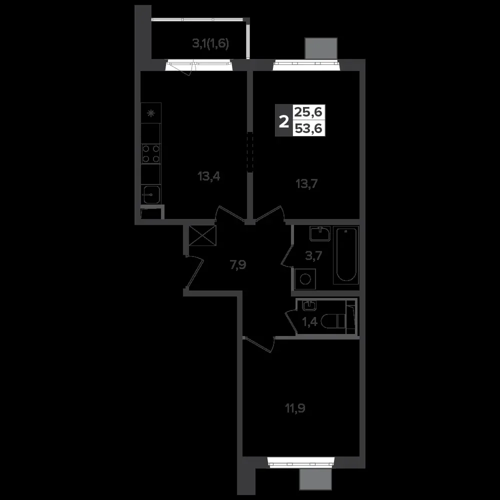 2-комнатная, 53,4 м² — 13 371 894 ₽