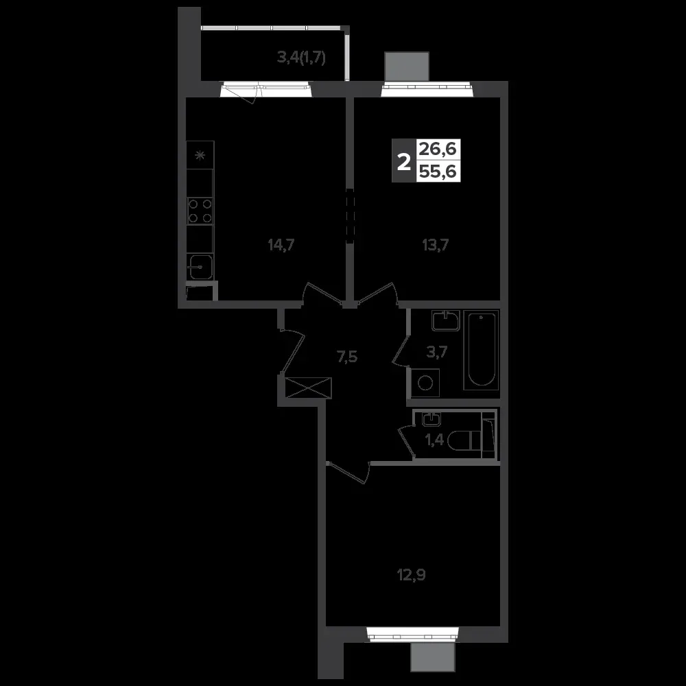 2-комнатная, 55,3 м² — 13 753 663 ₽