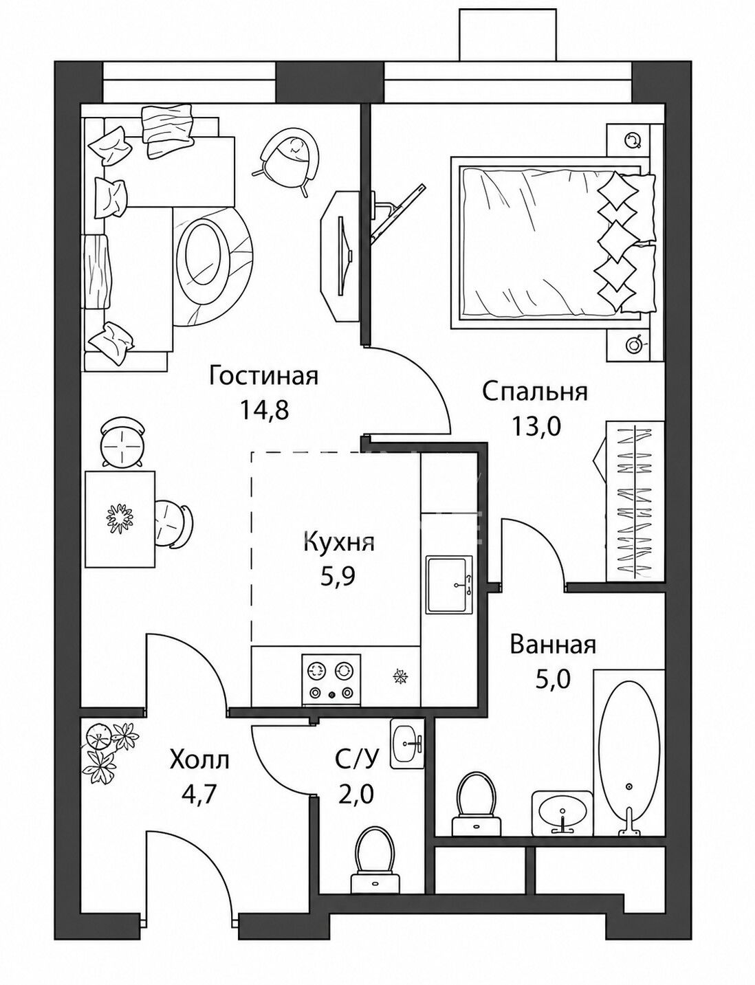 2-комнатная, 45,4 м² — 14 200 000 ₽