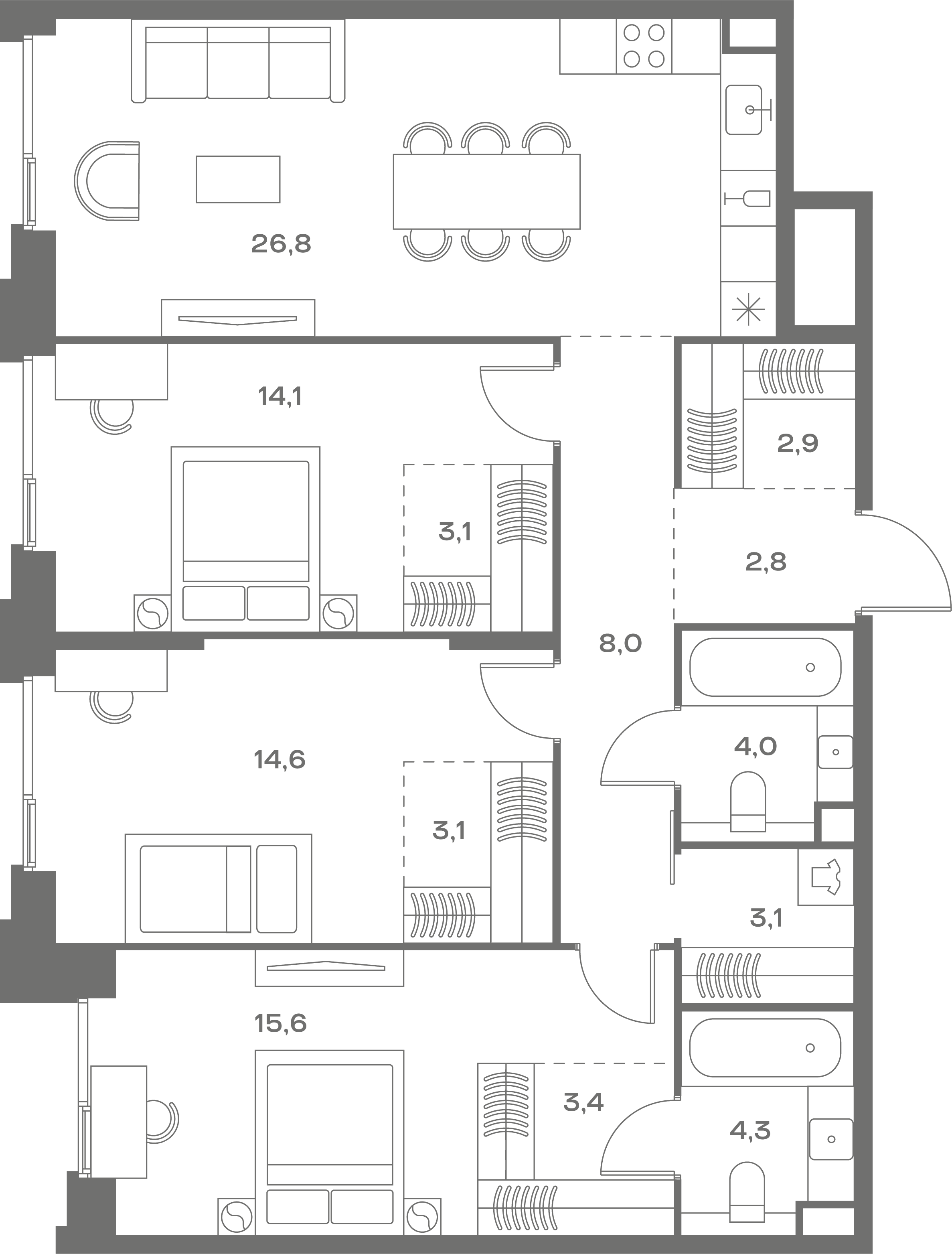 3-комнатная, 105,8 м² — 64 231 180 ₽