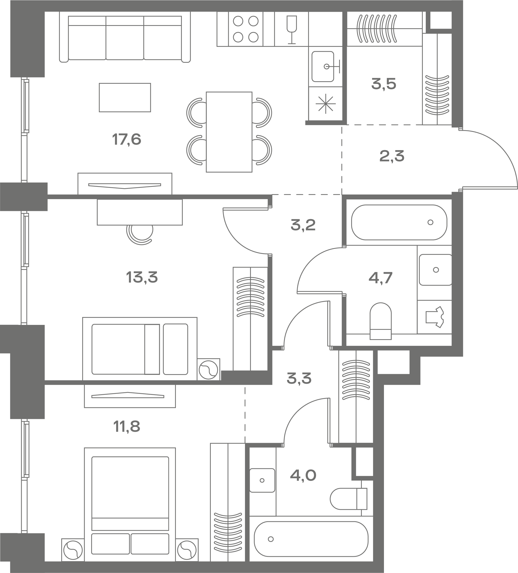2-комнатная, 63,7 м² — 43 564 430 ₽