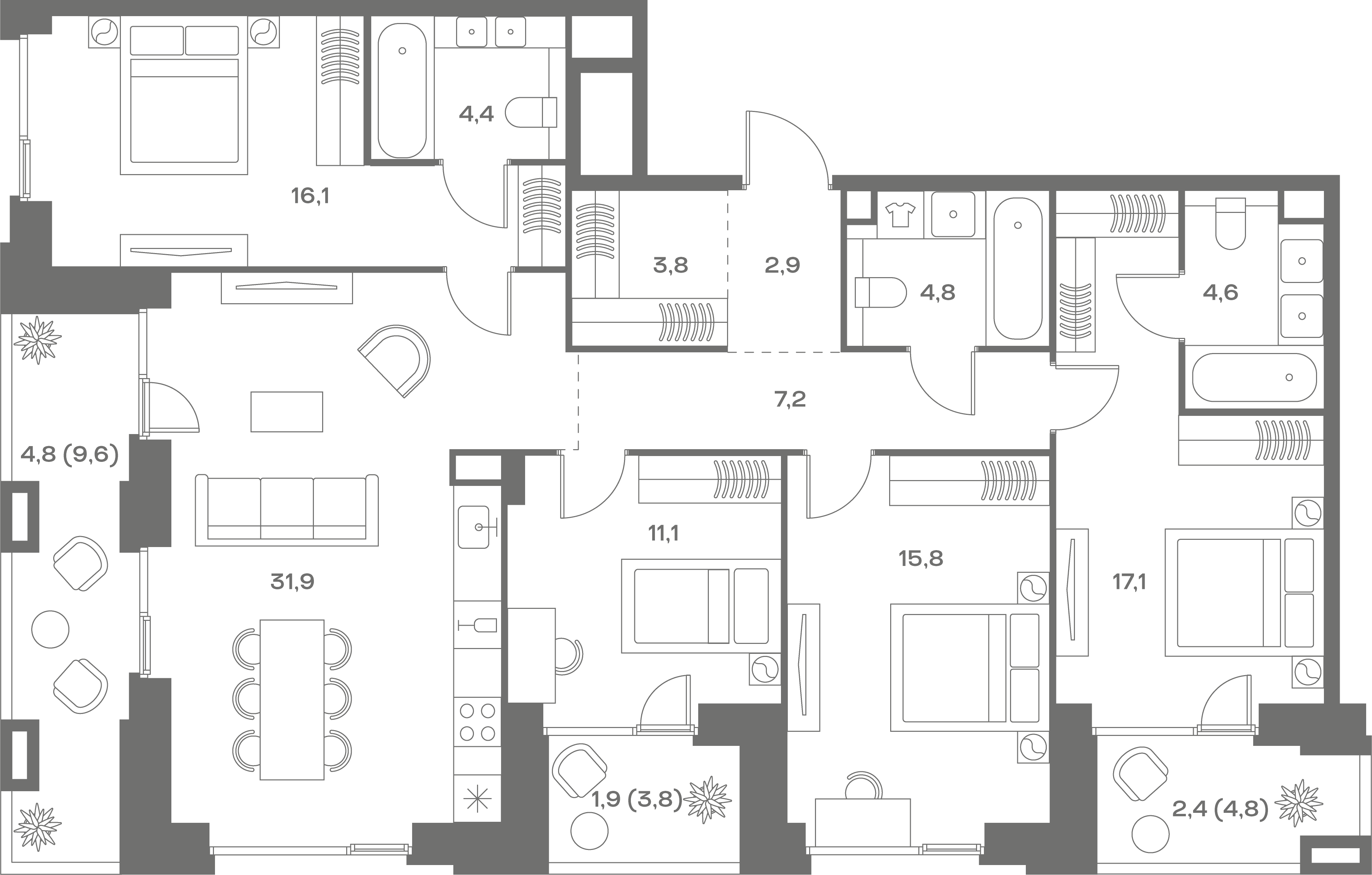 4-комнатная, 128,8 м² — 98 660 800 ₽