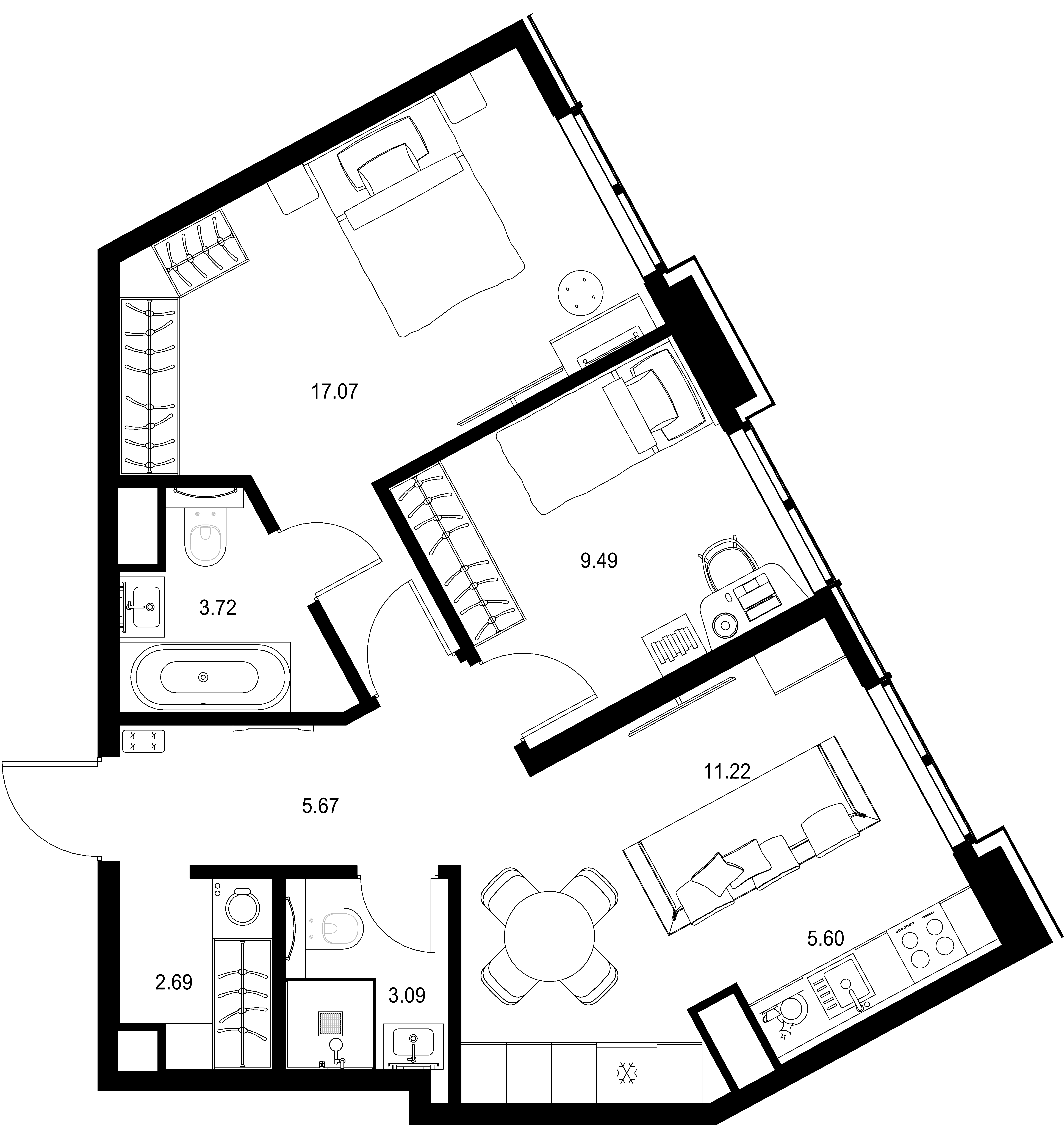 2-комнатная, 58,55 м² — 38 020 964 ₽