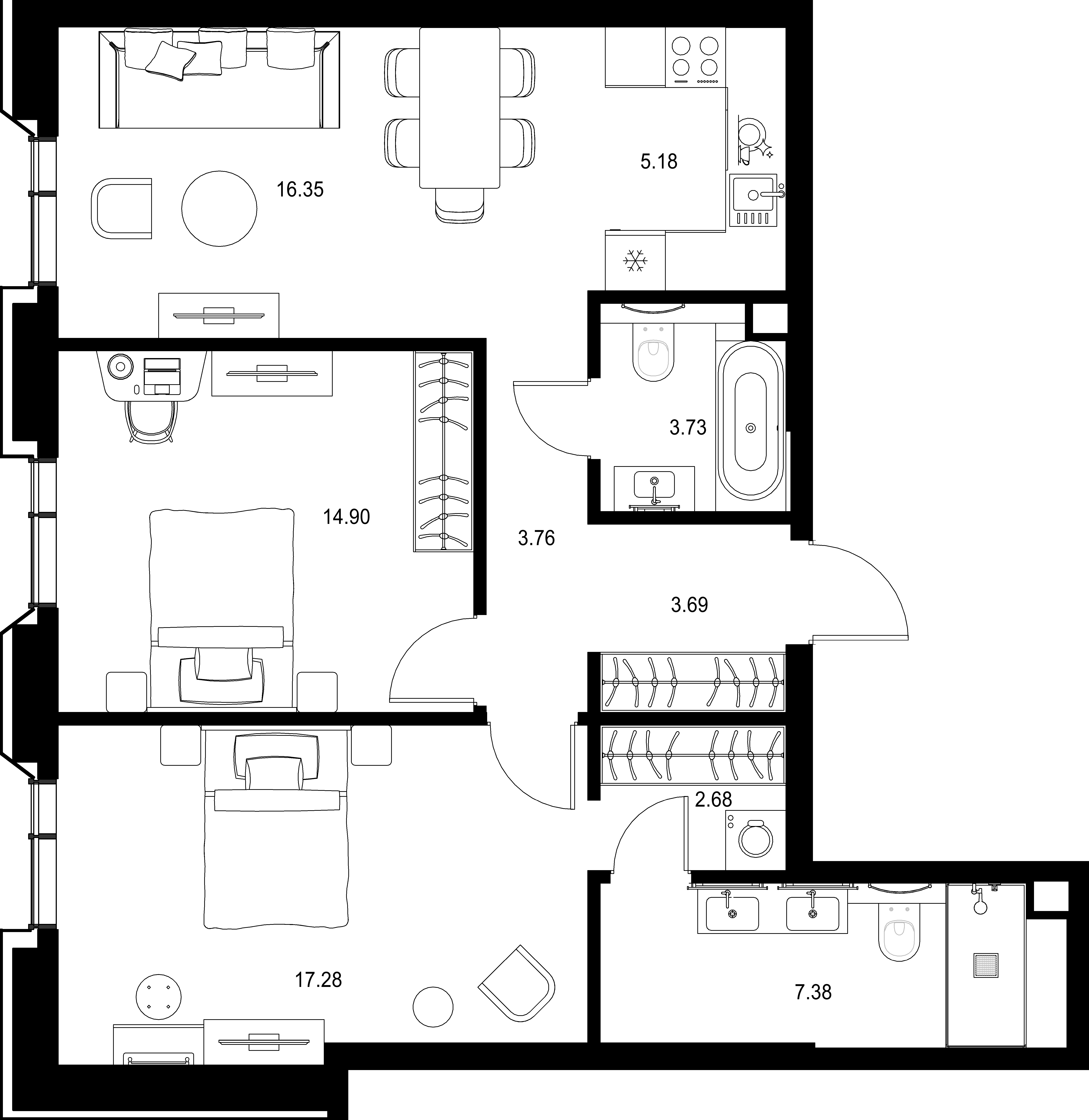 2-комнатная, 74,95 м² — 50 409 945 ₽