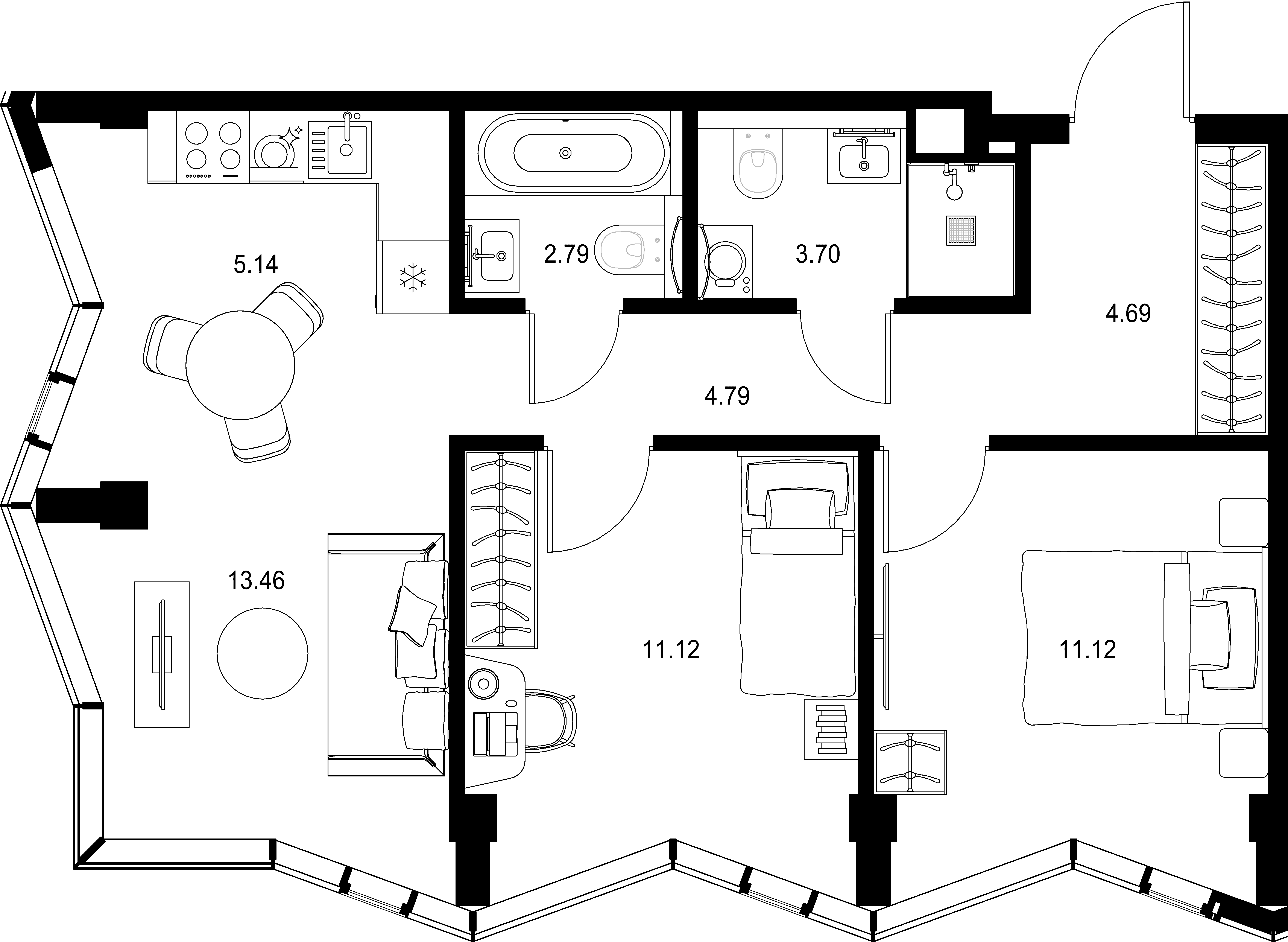 2-комнатная, 56,81 м² — 37 702 695 ₽