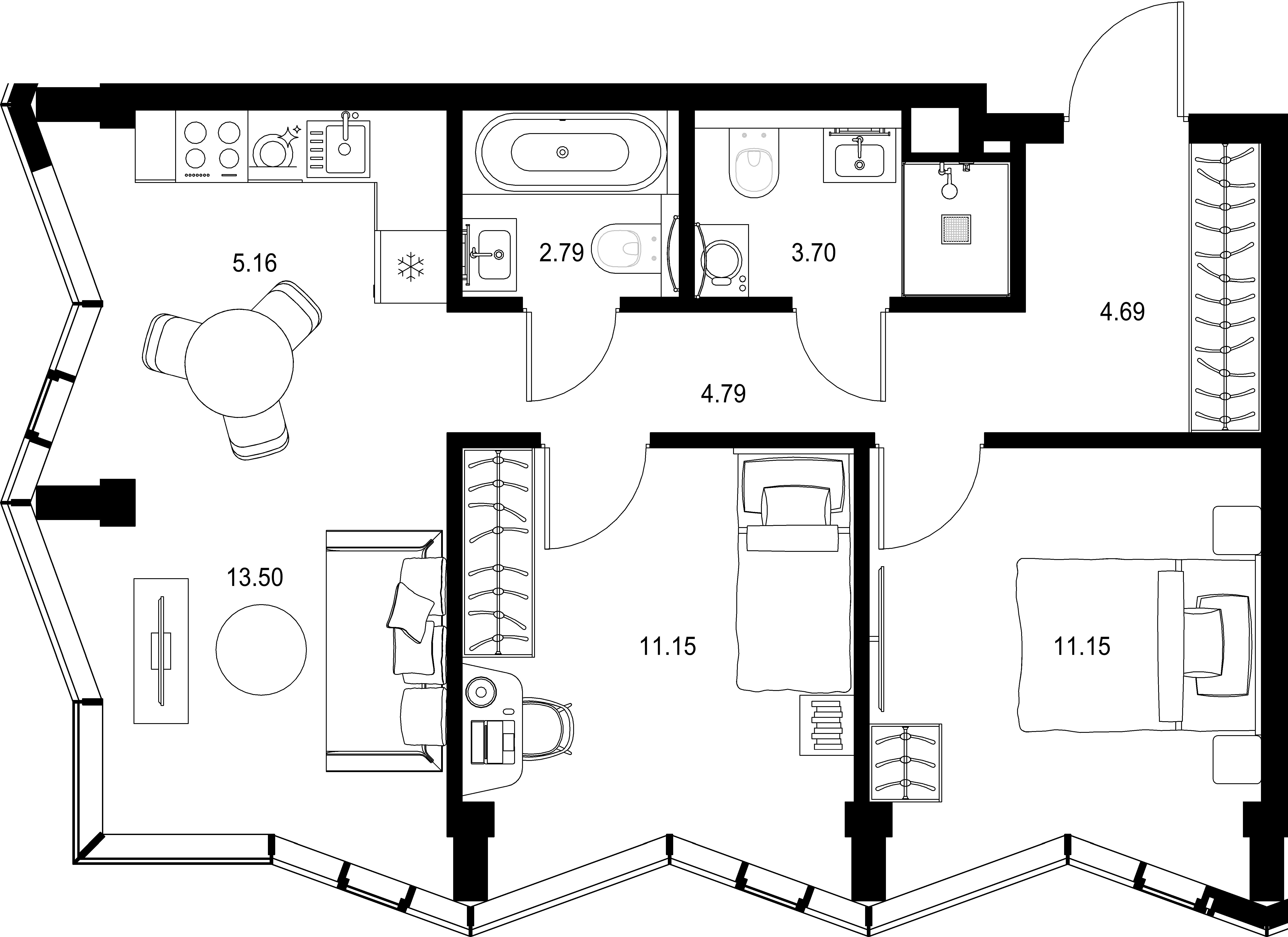 2-комнатная, 56,93 м² — 42 235 228 ₽