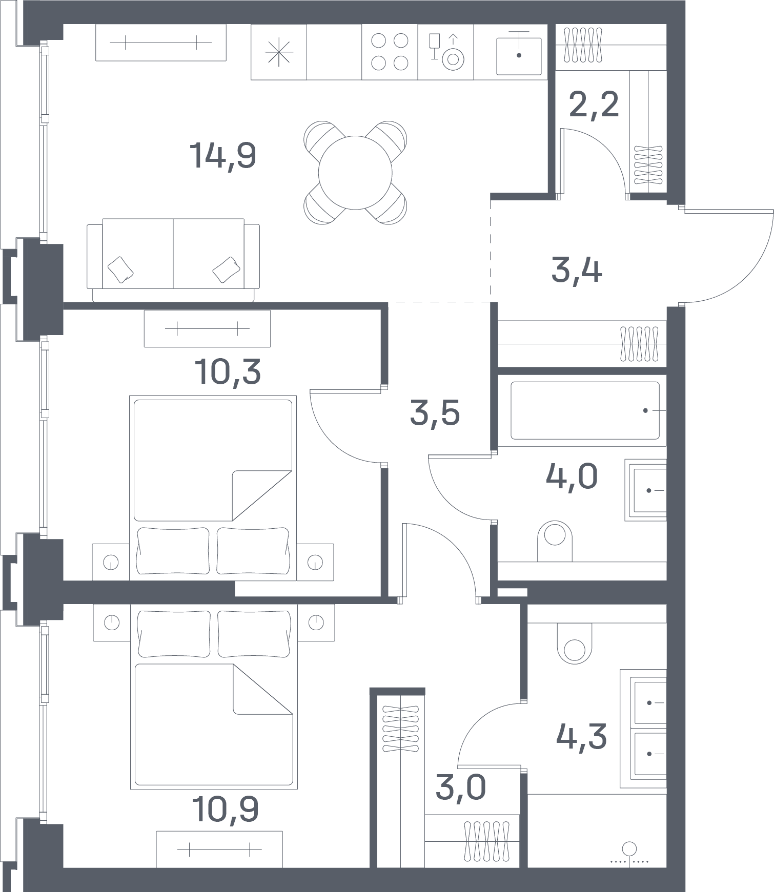 2-комнатная, 56,5 м² — 45 911 900 ₽
