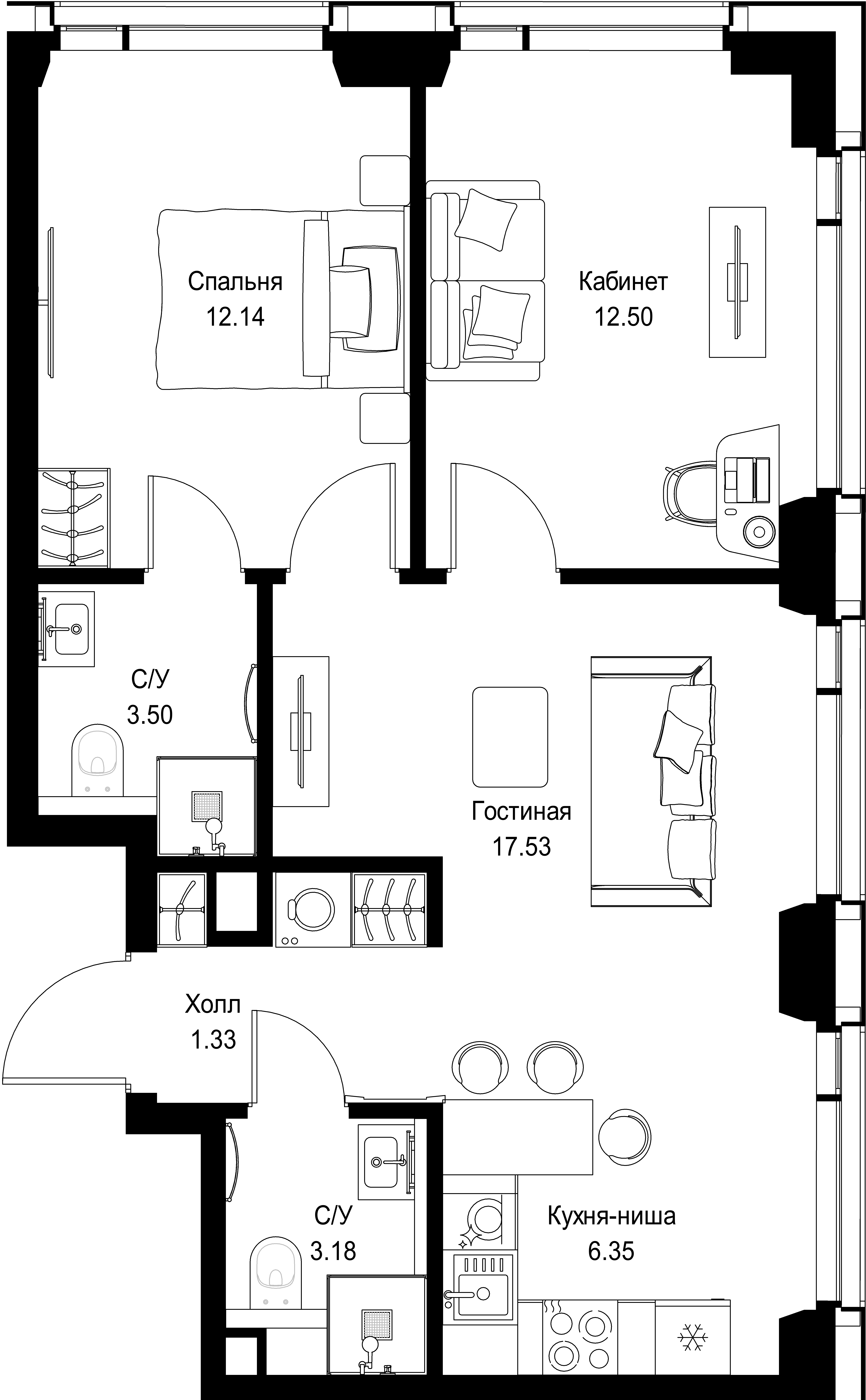 2-комнатная, 56,53 м² — 27 148 532 ₽