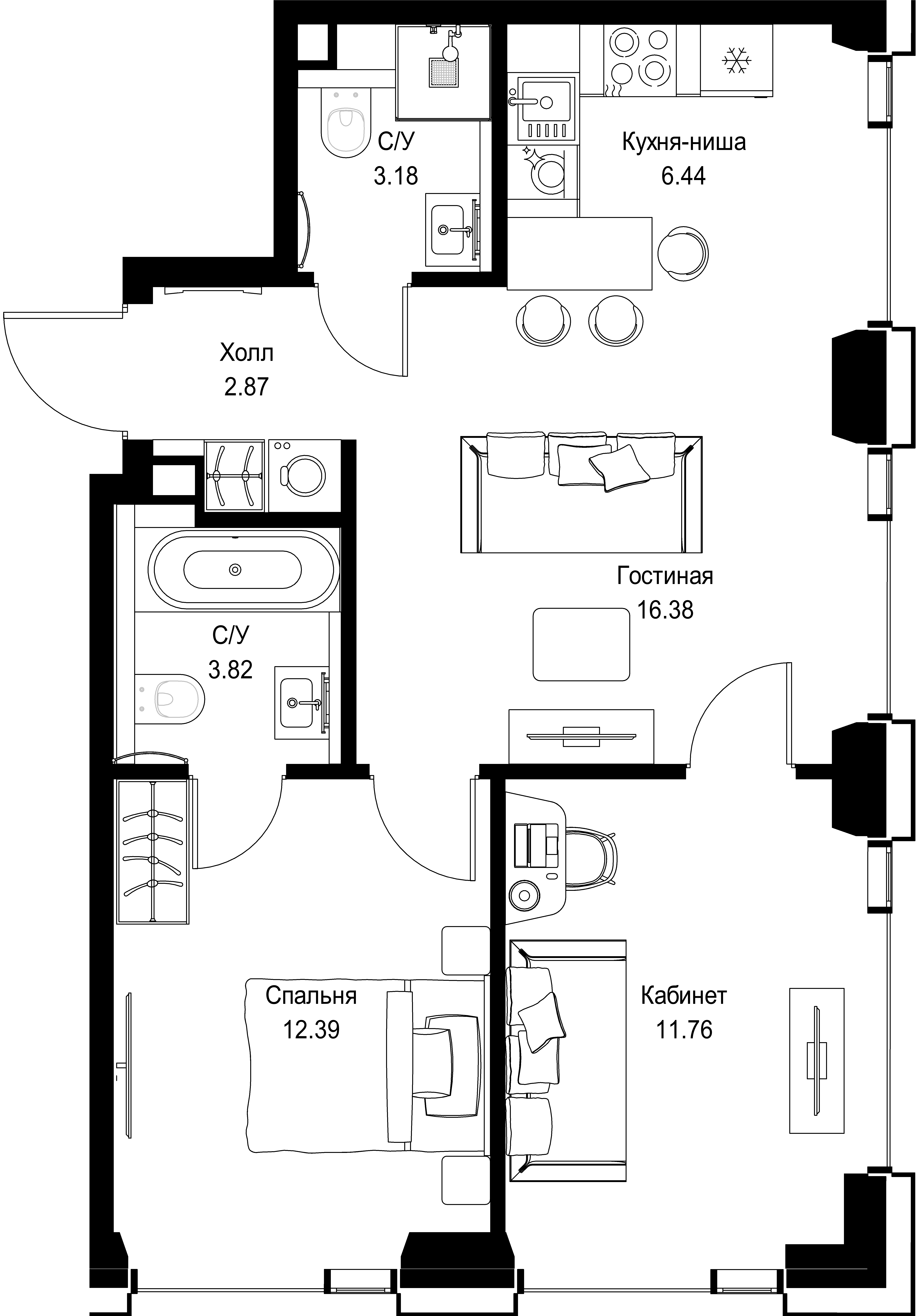 2-комнатная, 56,84 м² — 28 215 376 ₽