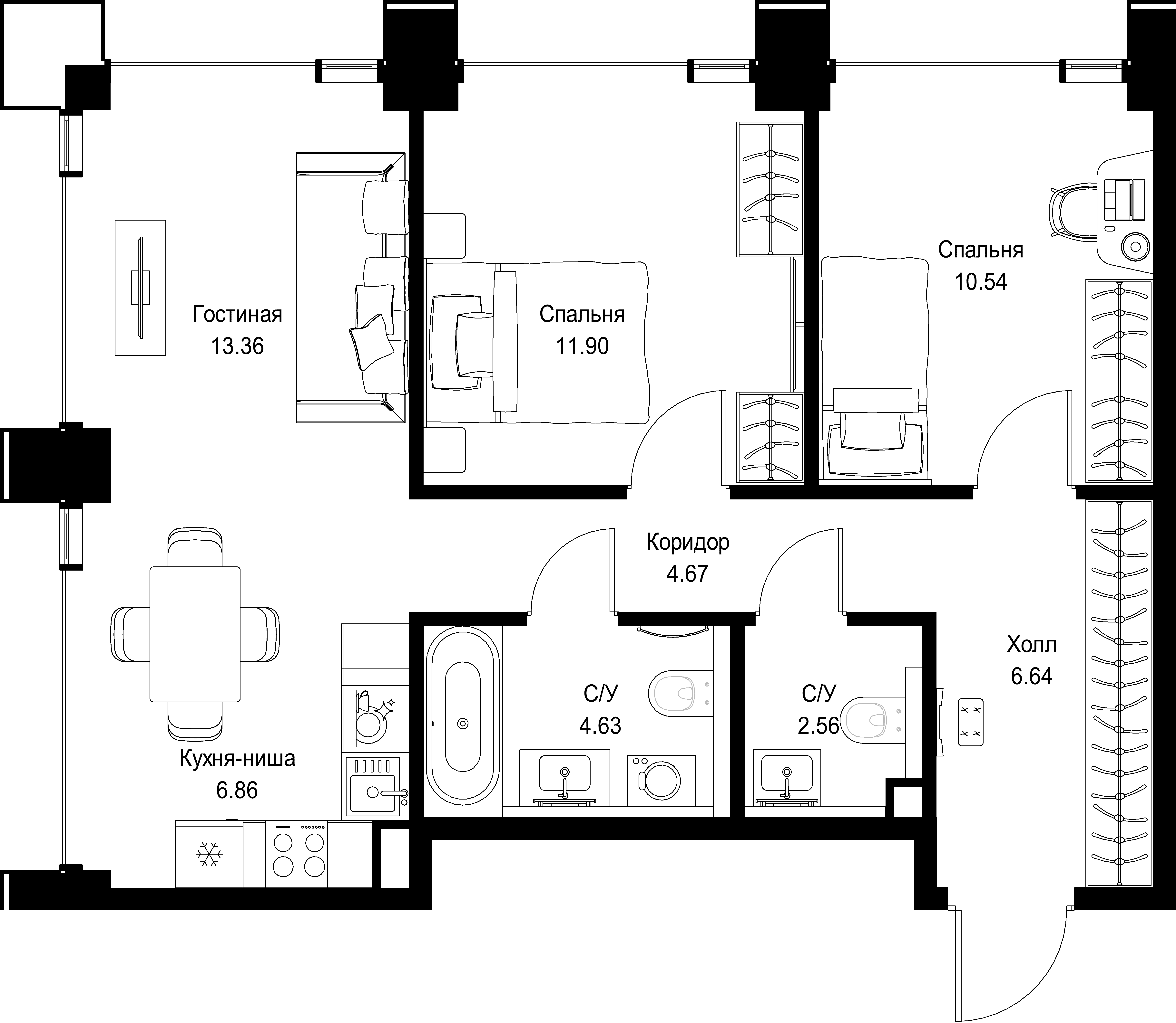 2-комнатная, 61,16 м² — 30 619 754 ₽