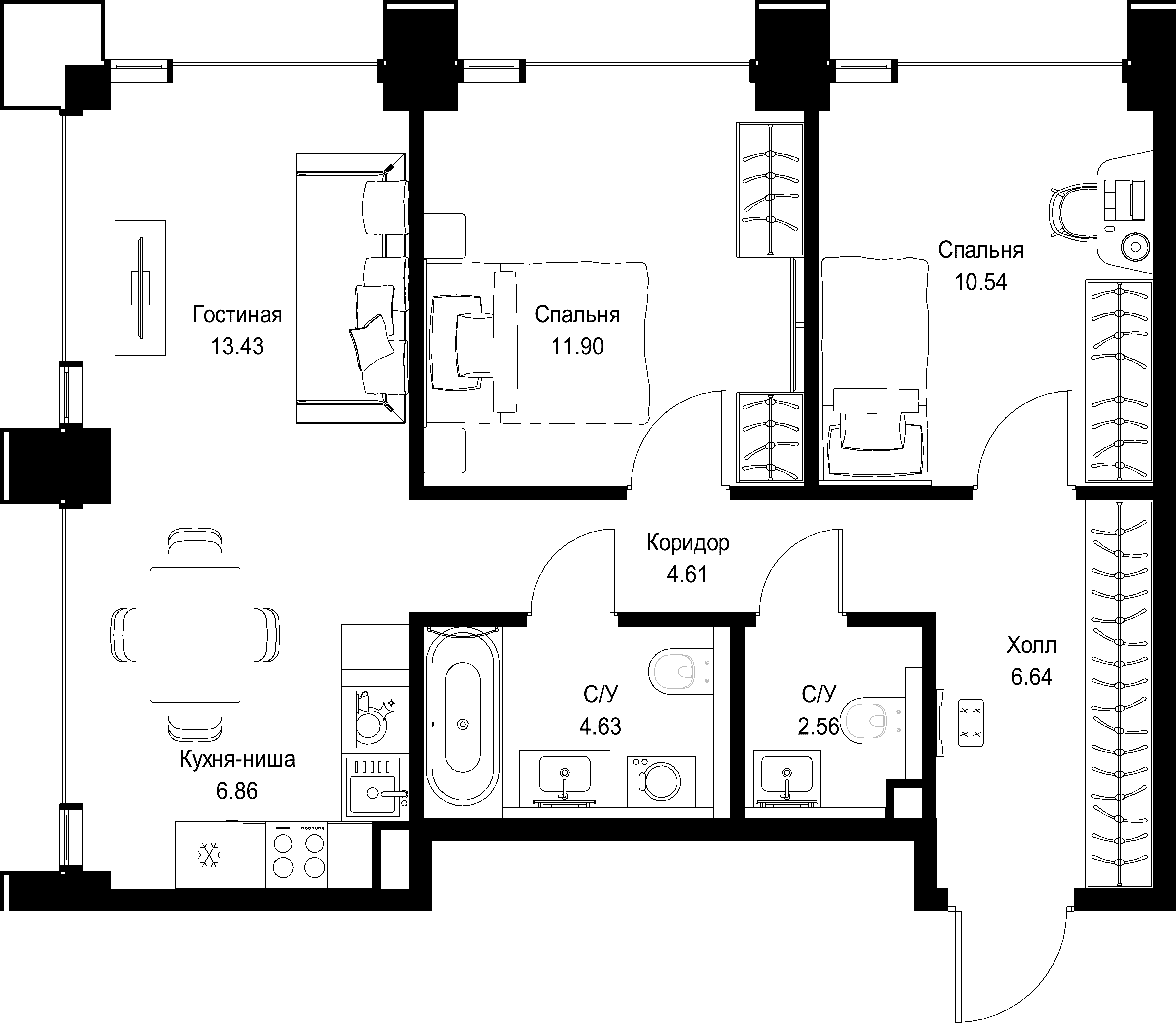 2-комнатная, 61,16 м² — 34 466 718 ₽
