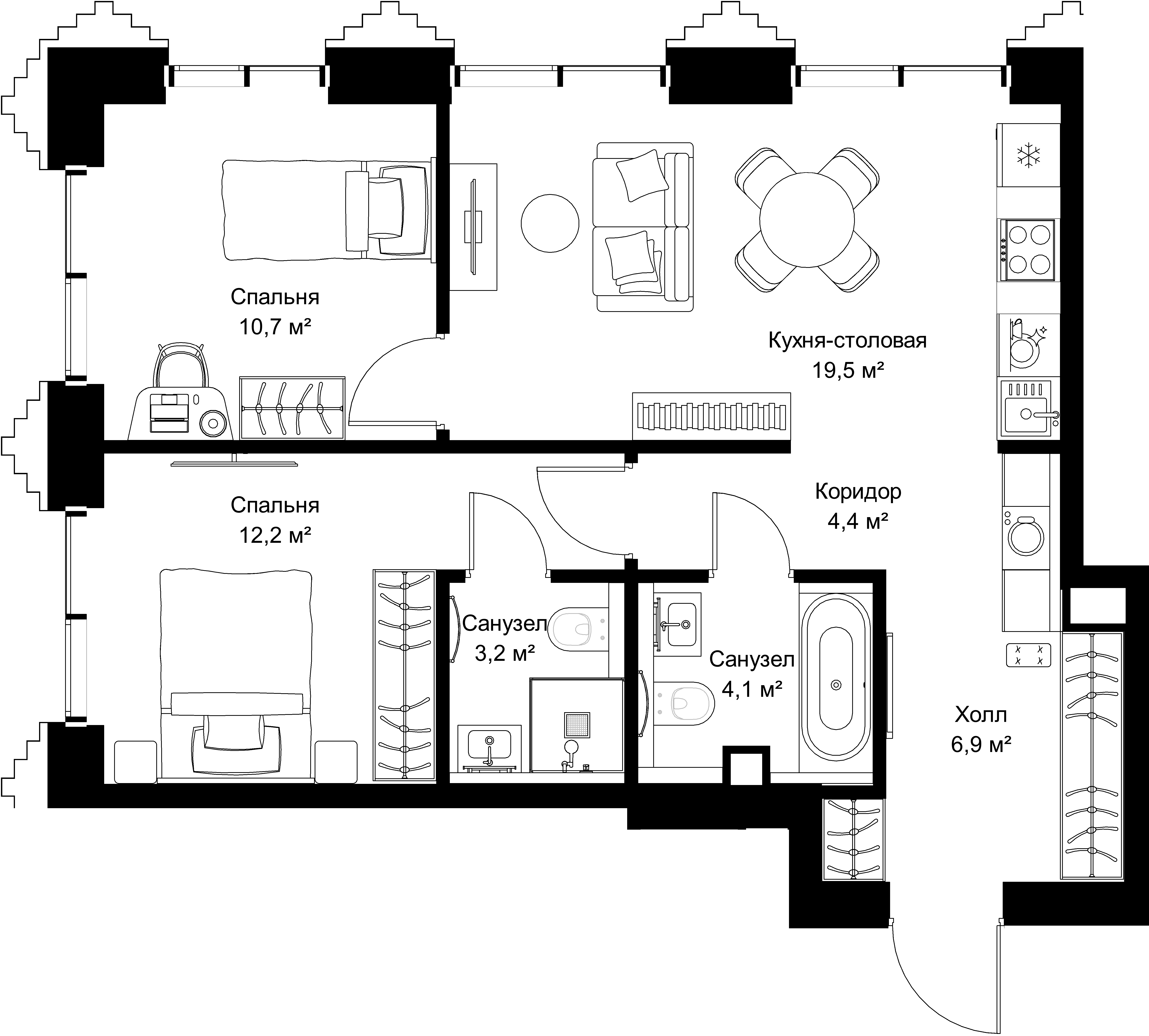 2-комнатная, 61 м² — 30 487 800 ₽