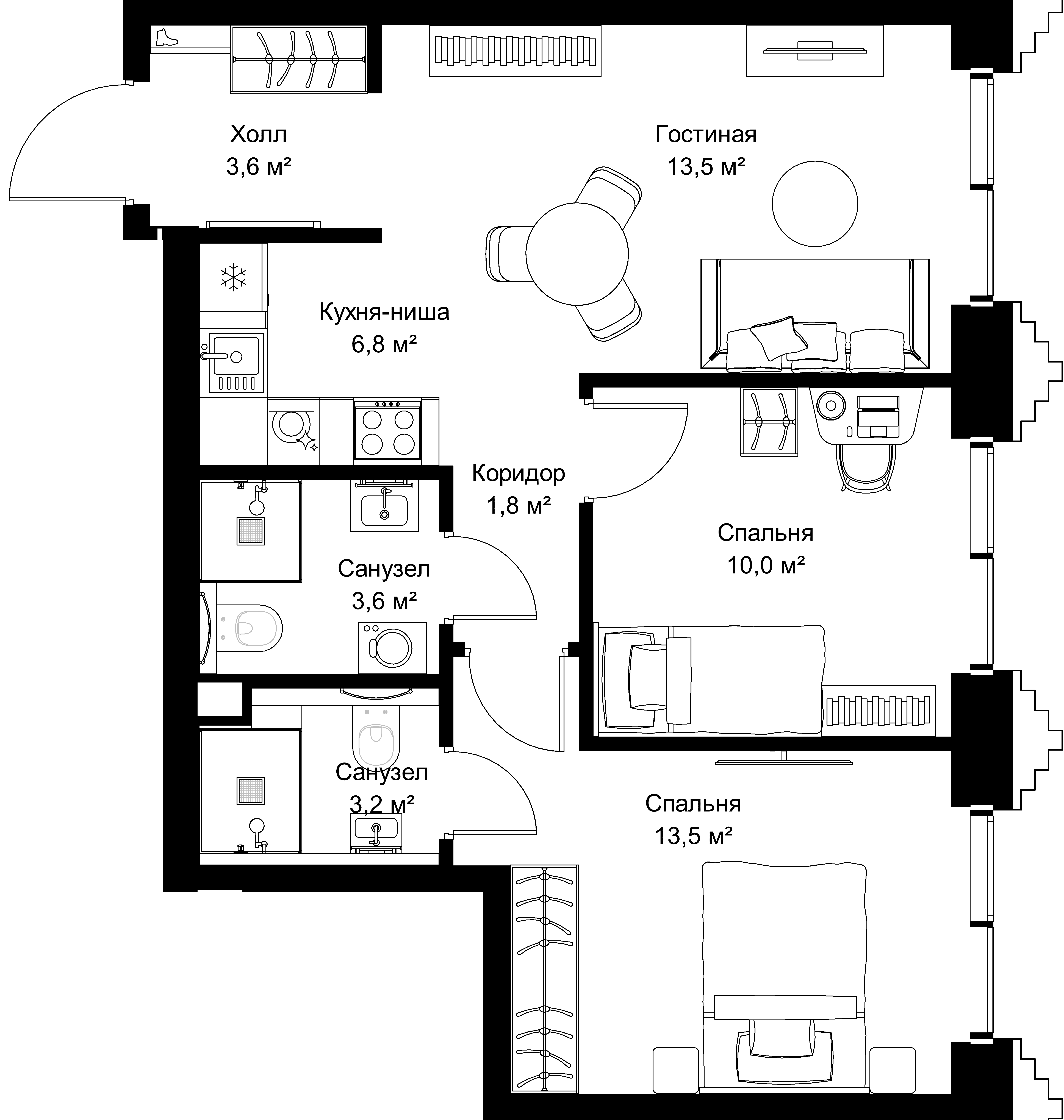 2-комнатная, 56 м² — 27 750 800 ₽