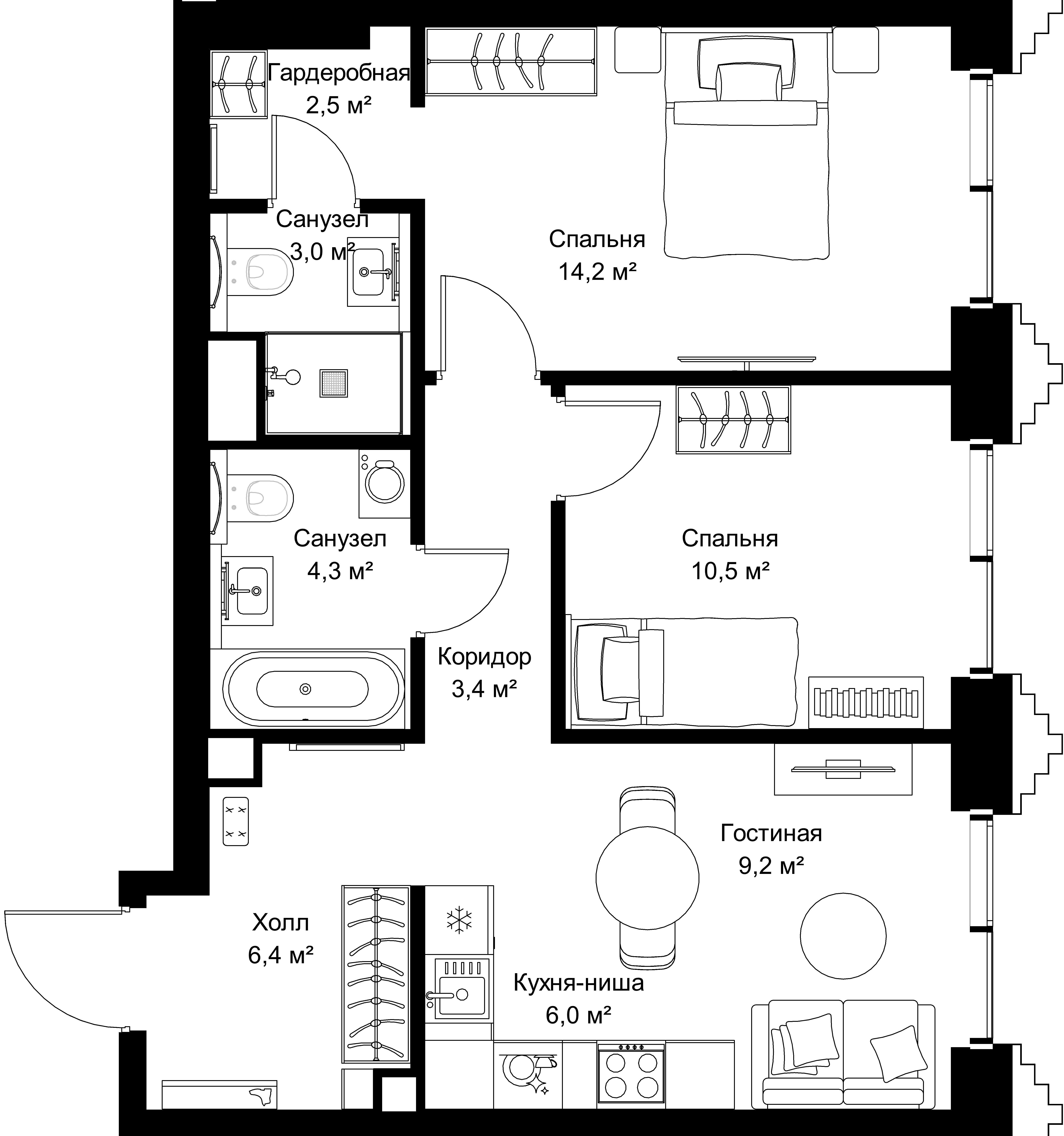 2-комнатная, 59,5 м² — 30 395 575 ₽