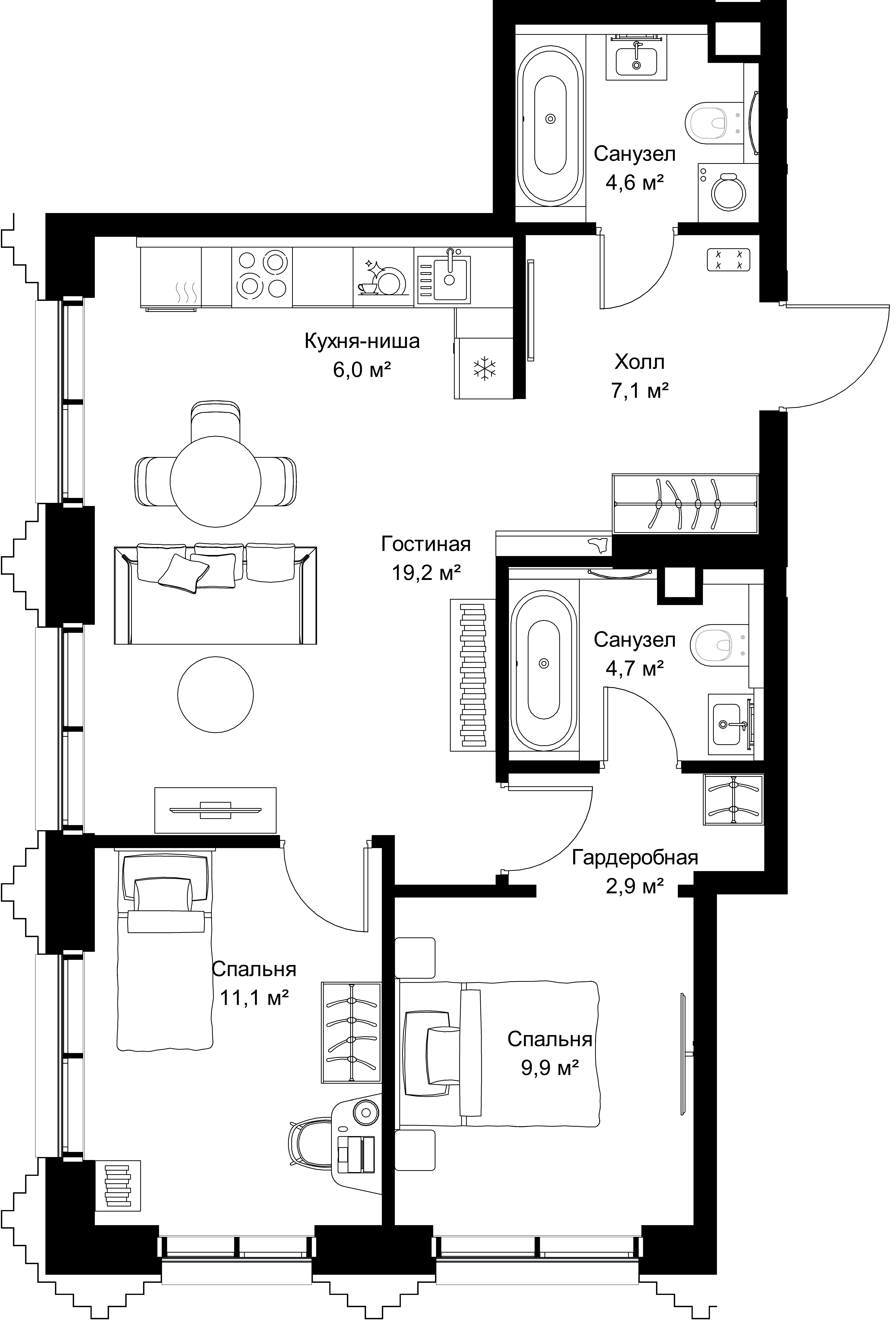 2-комнатная, 65,5 м² — 30 175 850 ₽