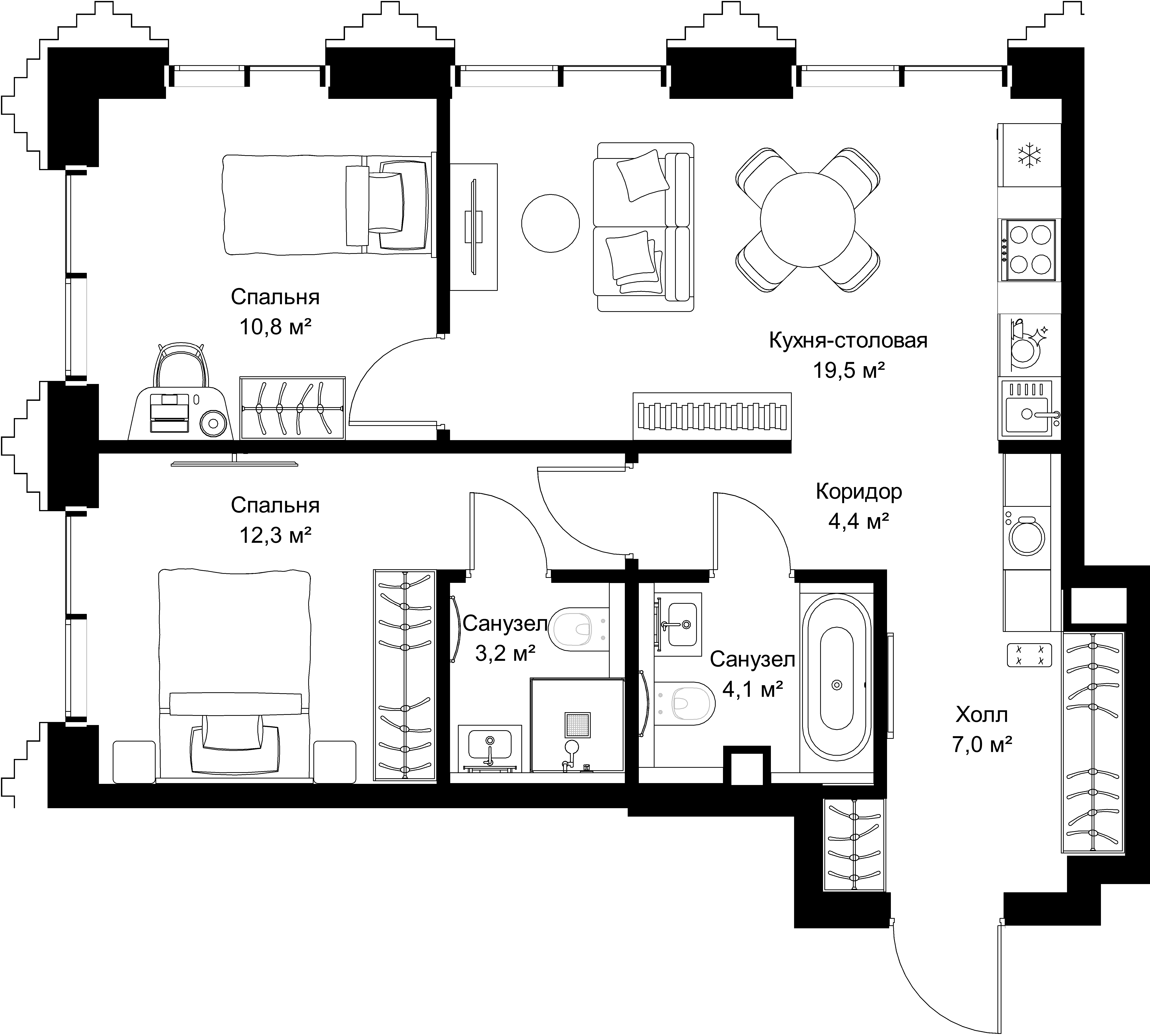 2-комнатная, 61,3 м² — 30 741 950 ₽