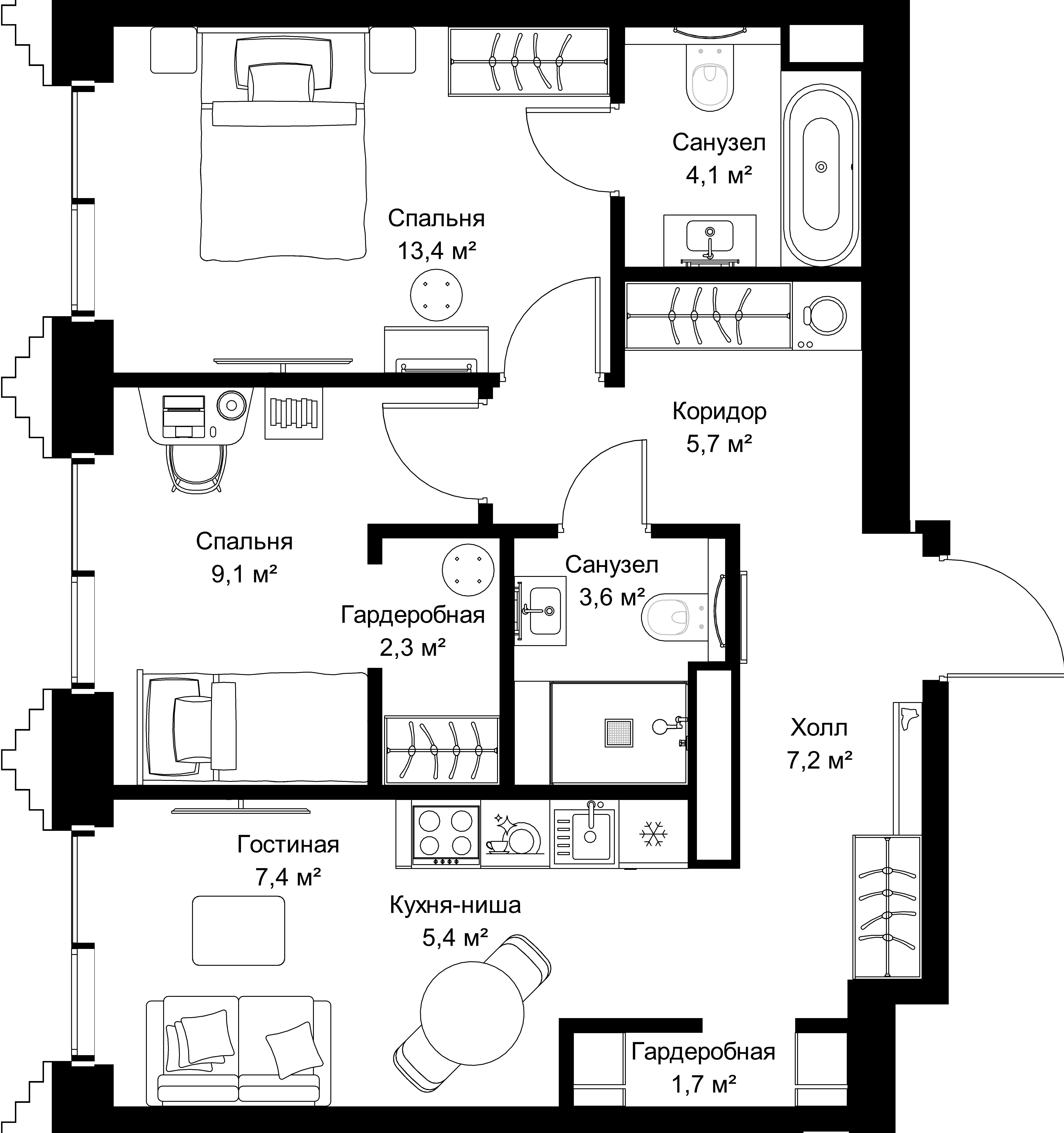 2-комнатная, 59,9 м² — 28 970 635 ₽