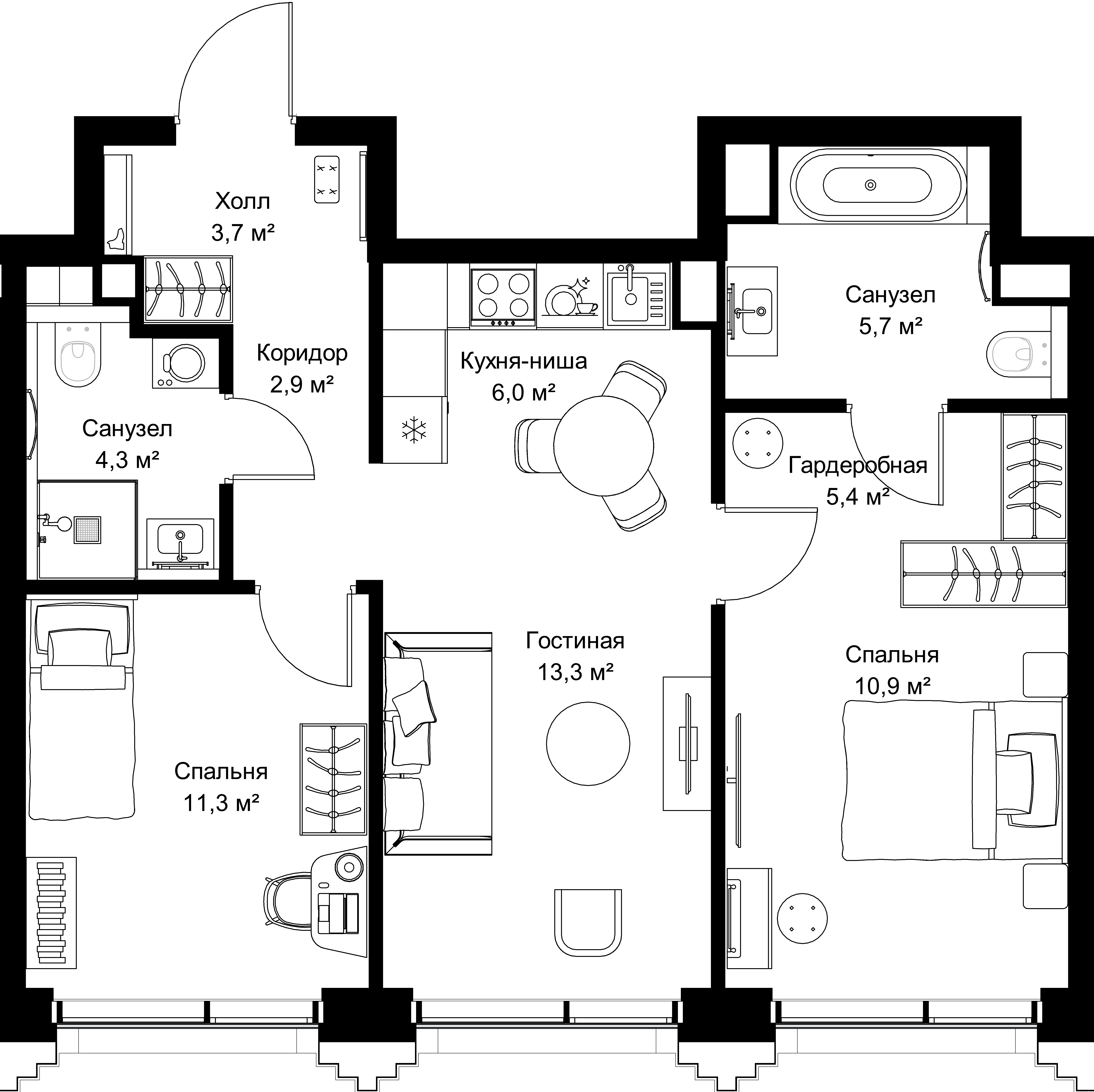 2-комнатная, 63,5 м² — 28 876 625 ₽