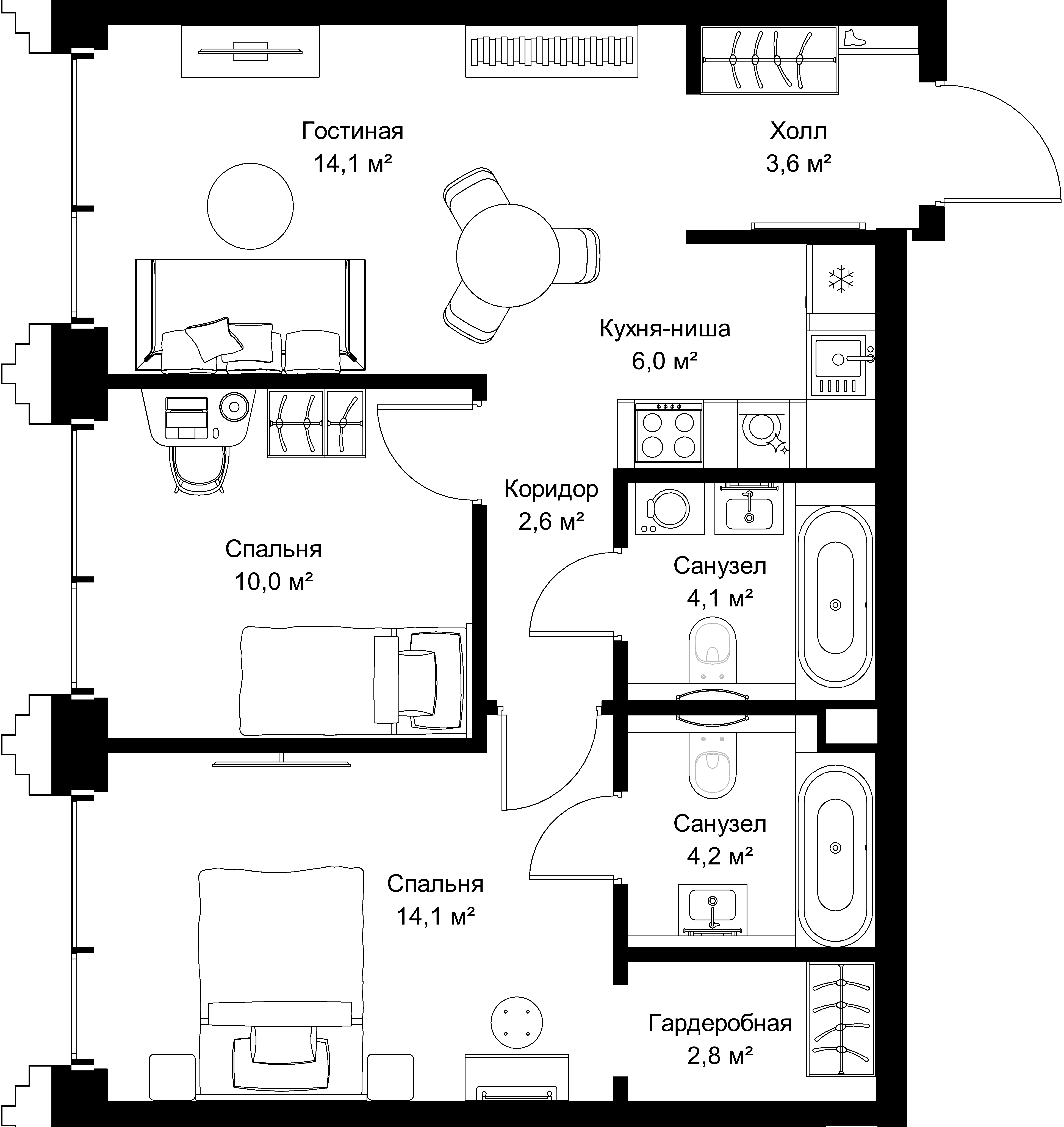 2-комнатная, 61,5 м² — 30 633 150 ₽