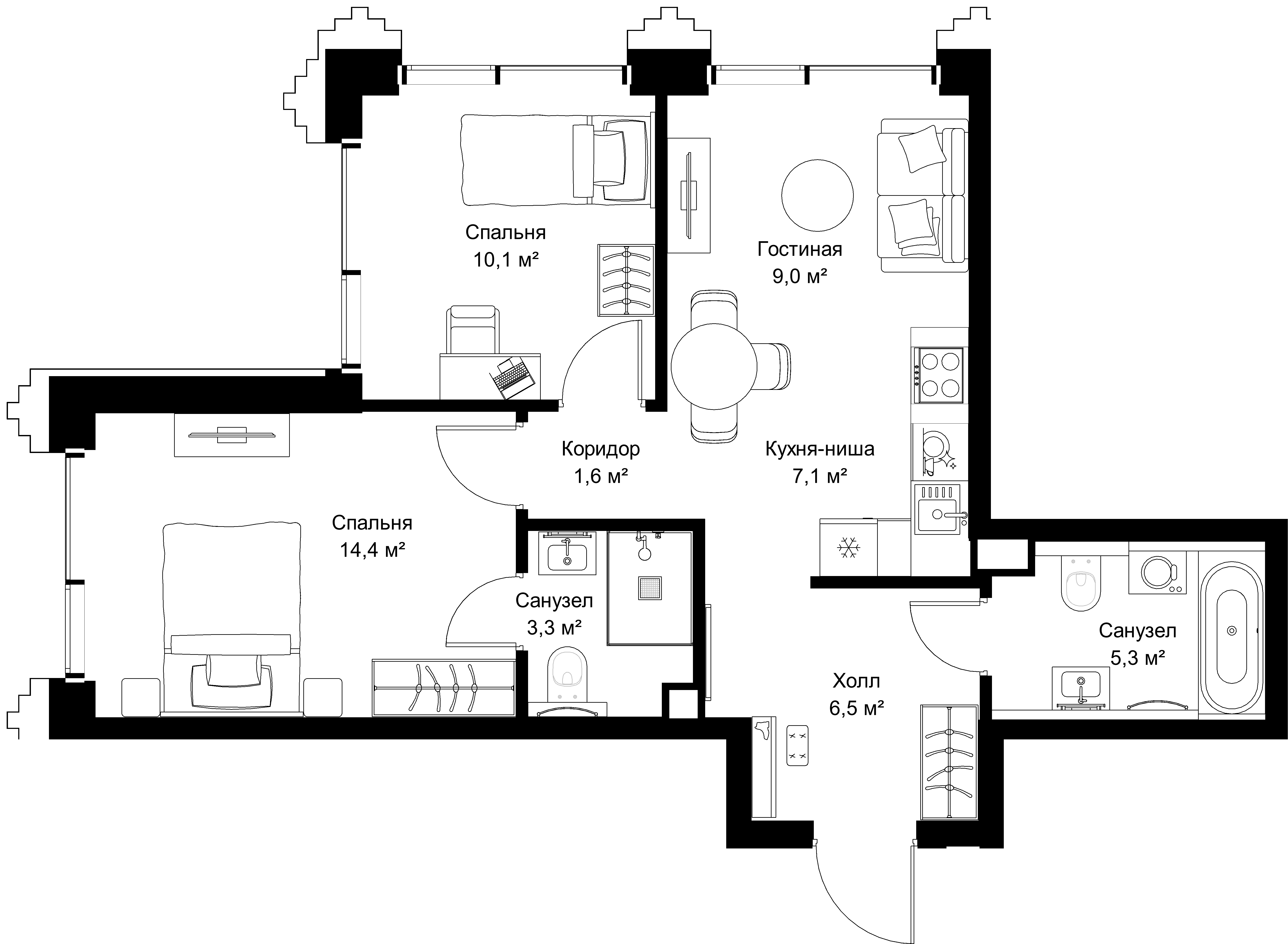 2-комнатная, 57,3 м² — 30 002 280 ₽