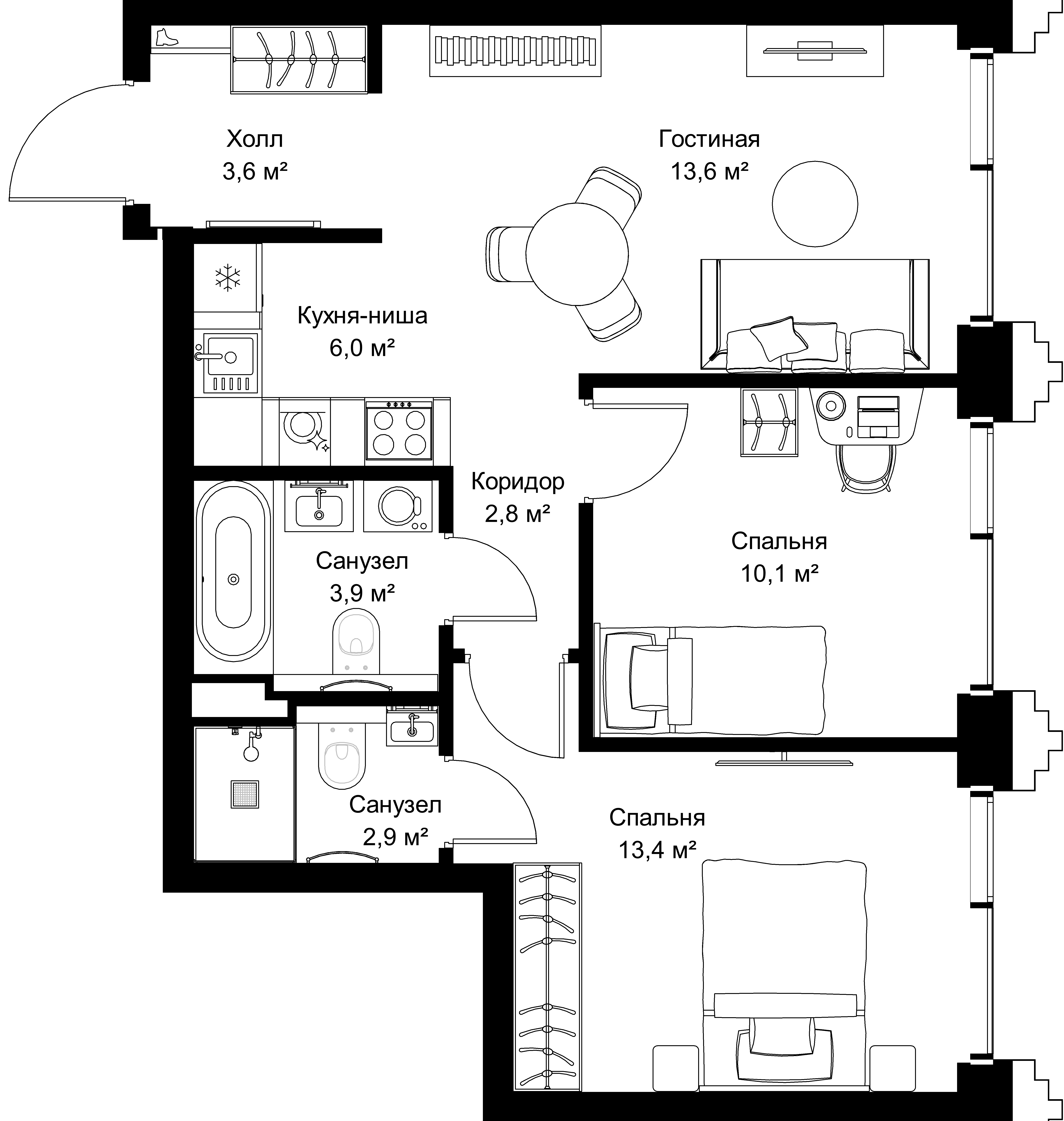 2-комнатная, 56,3 м² — 28 473 725 ₽
