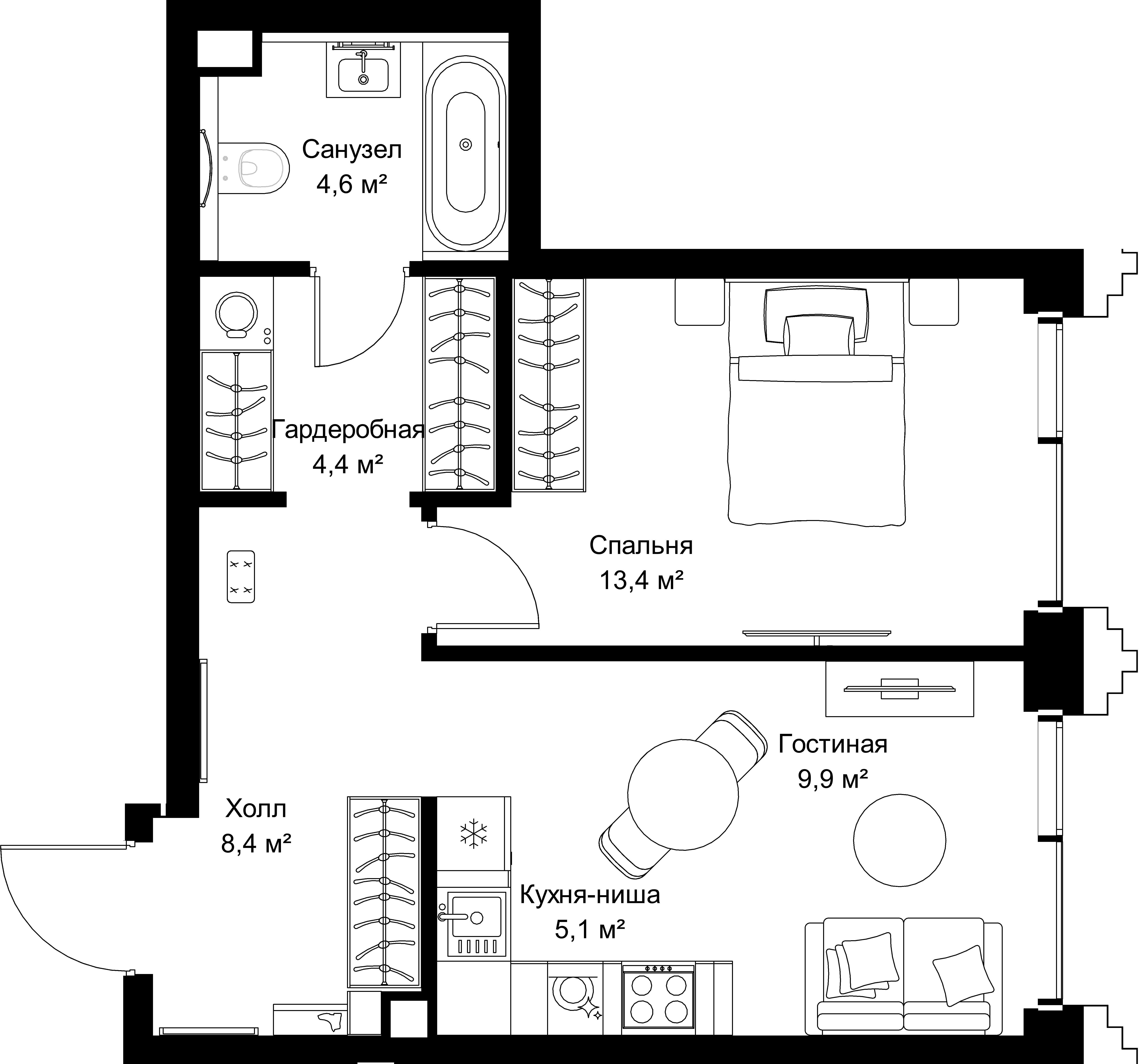 1-комнатная, 45,8 м² — 24 603 760 ₽