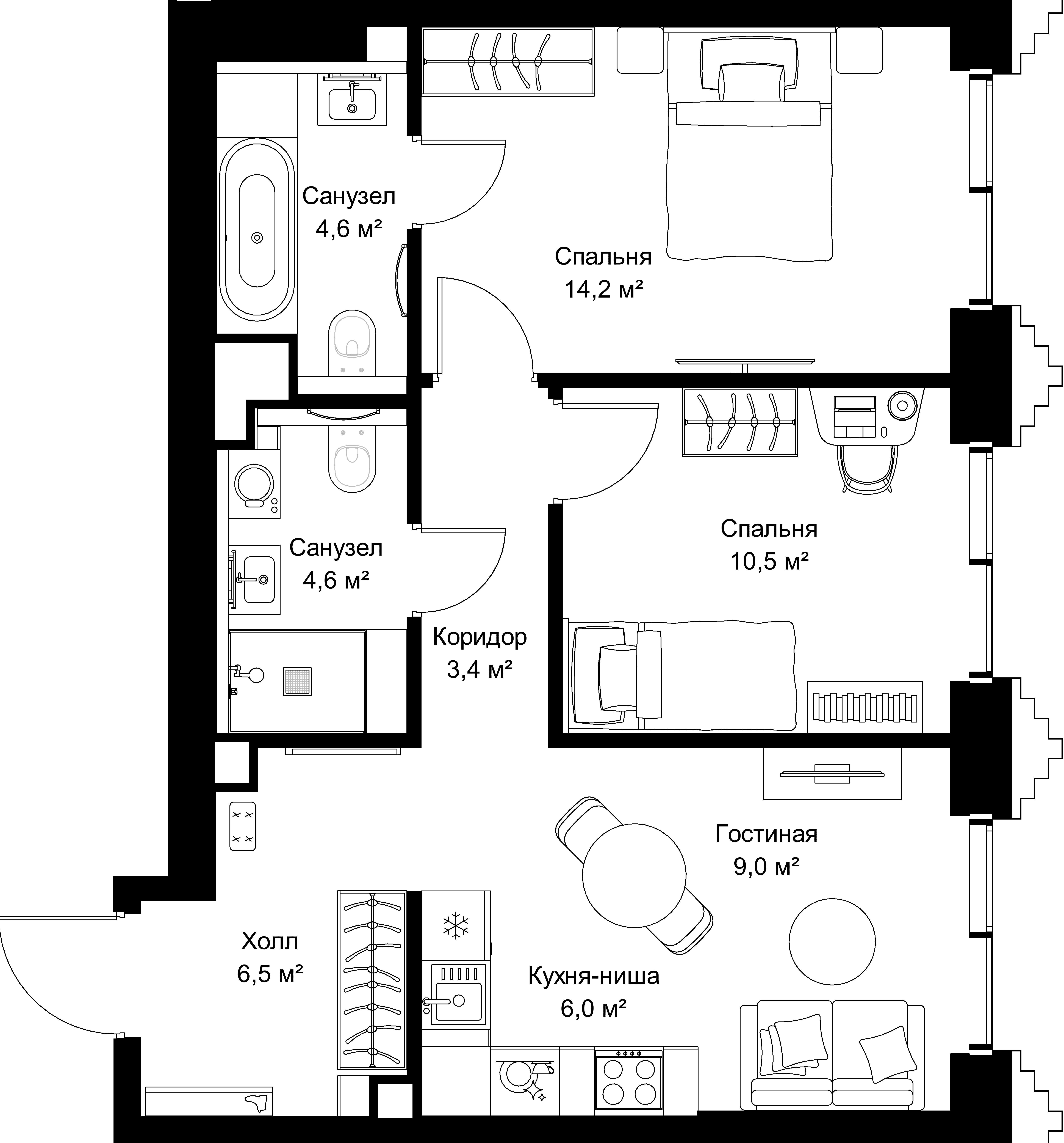 2-комнатная, 58,8 м² — 29 688 120 ₽