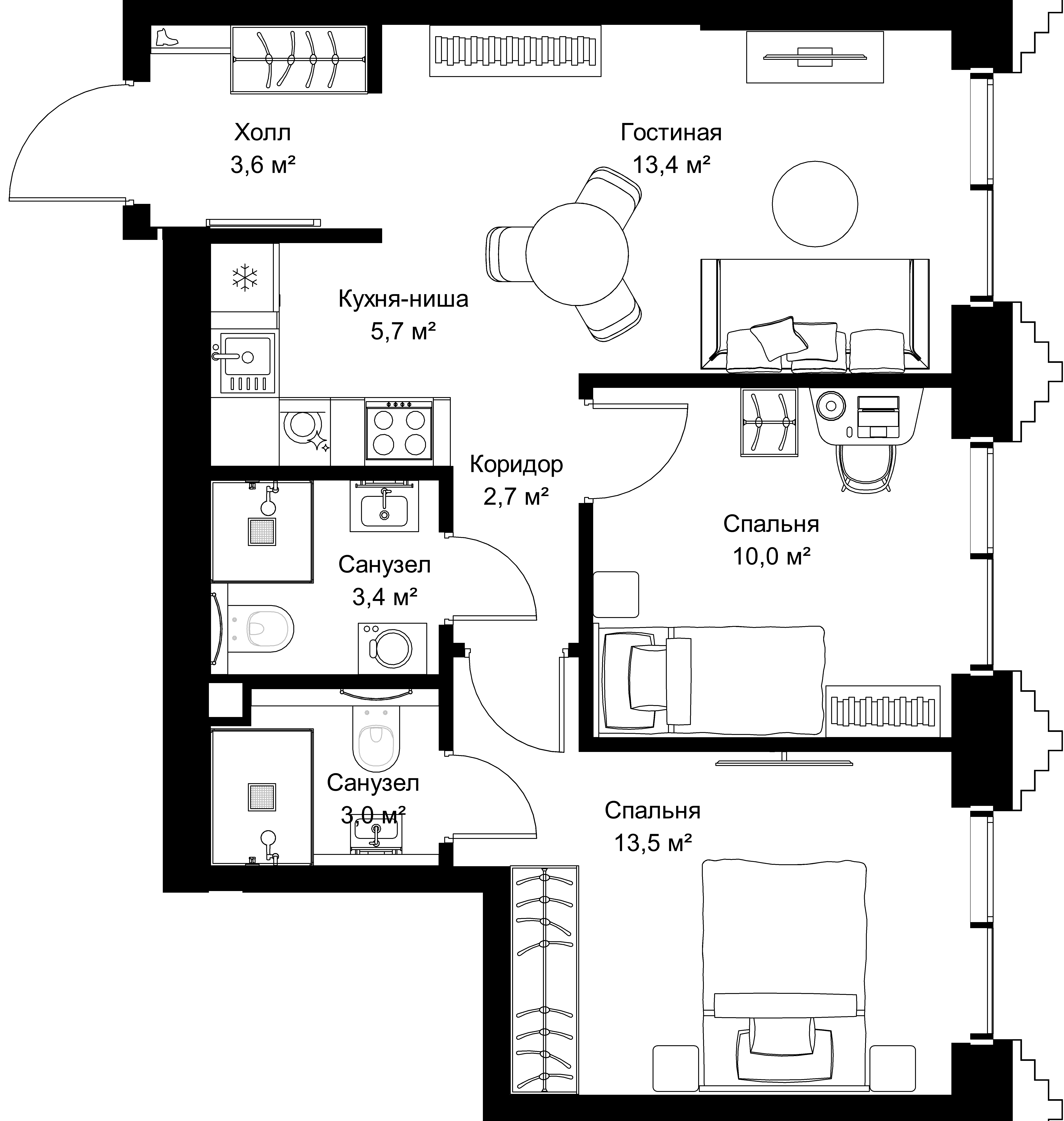 2-комнатная, 55,3 м² — 27 215 895 ₽