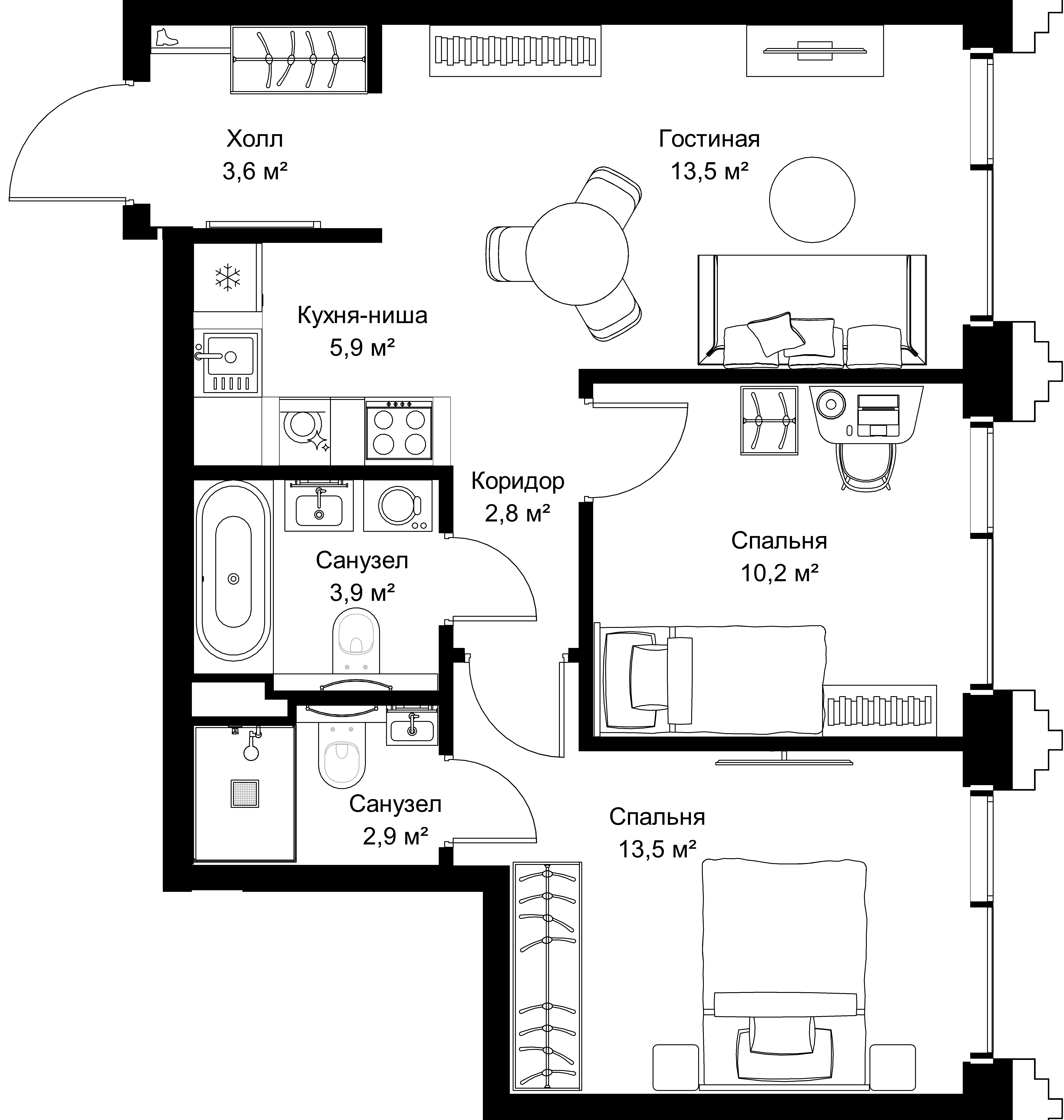 2-комнатная, 56,3 м² — 28 617 290 ₽