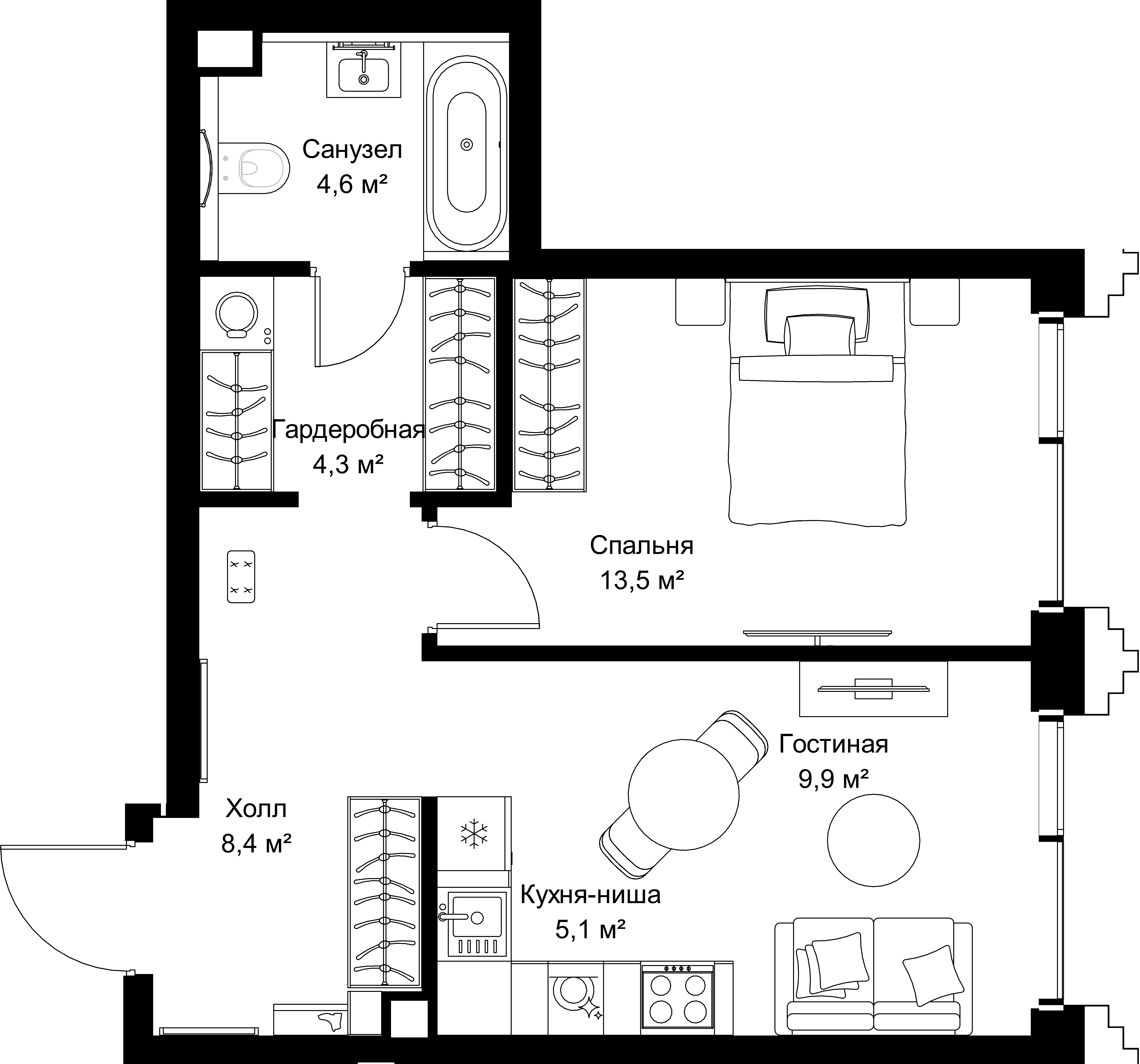 1-комнатная, 45,8 м² — 24 798 410 ₽