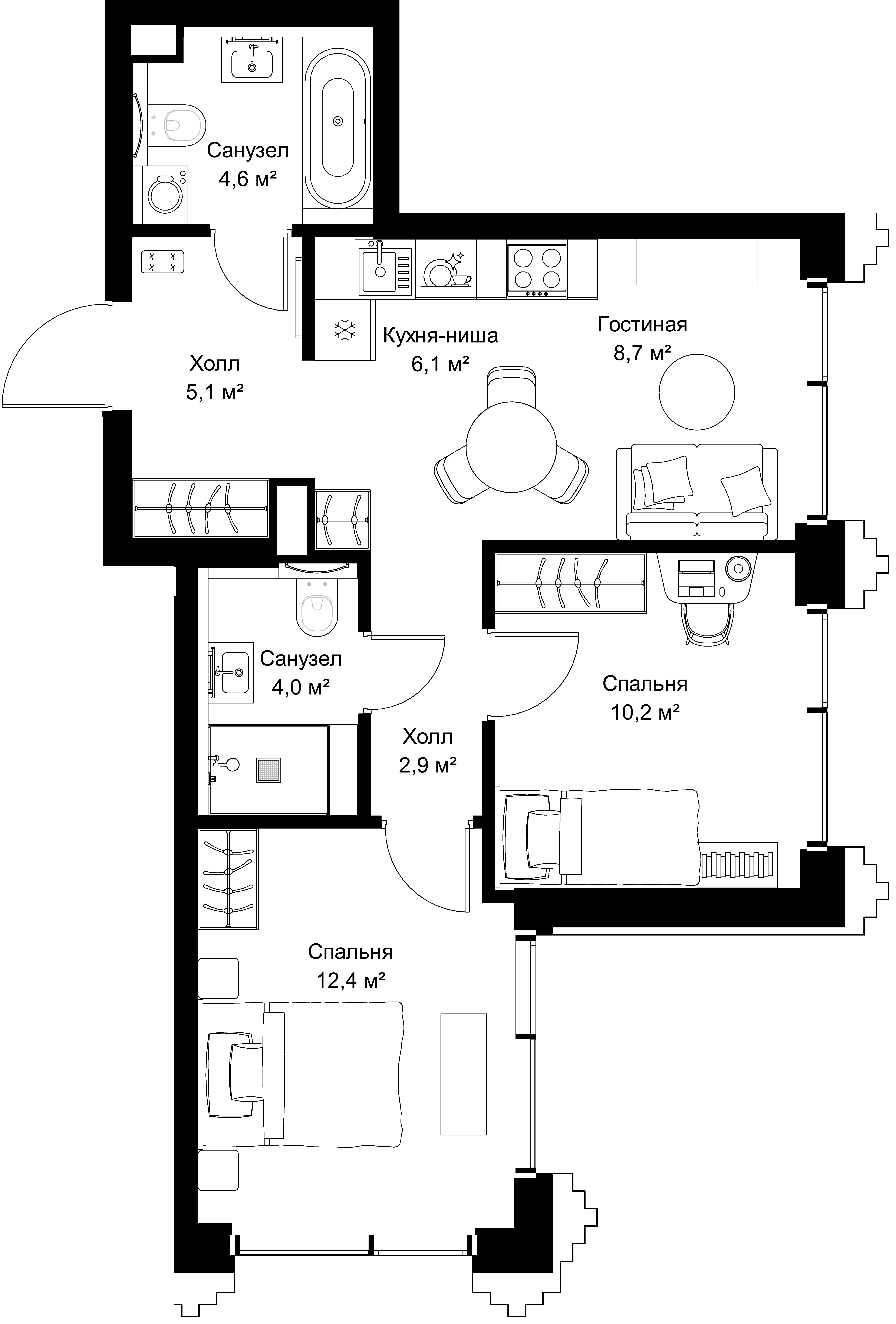 2-комнатная, 54 м² — 27 126 900 ₽