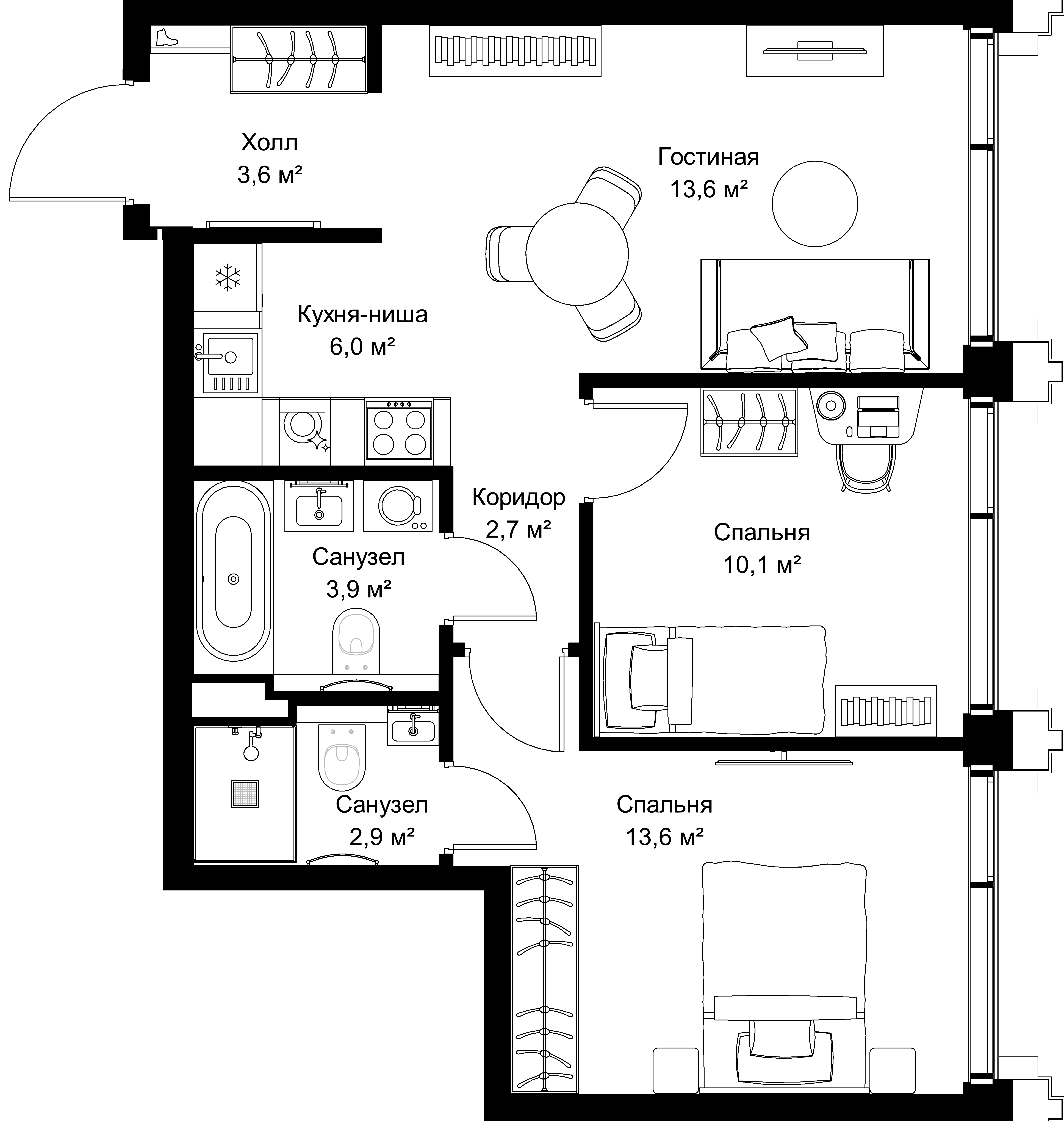 2-комнатная, 56,4 м² — 28 764 000 ₽