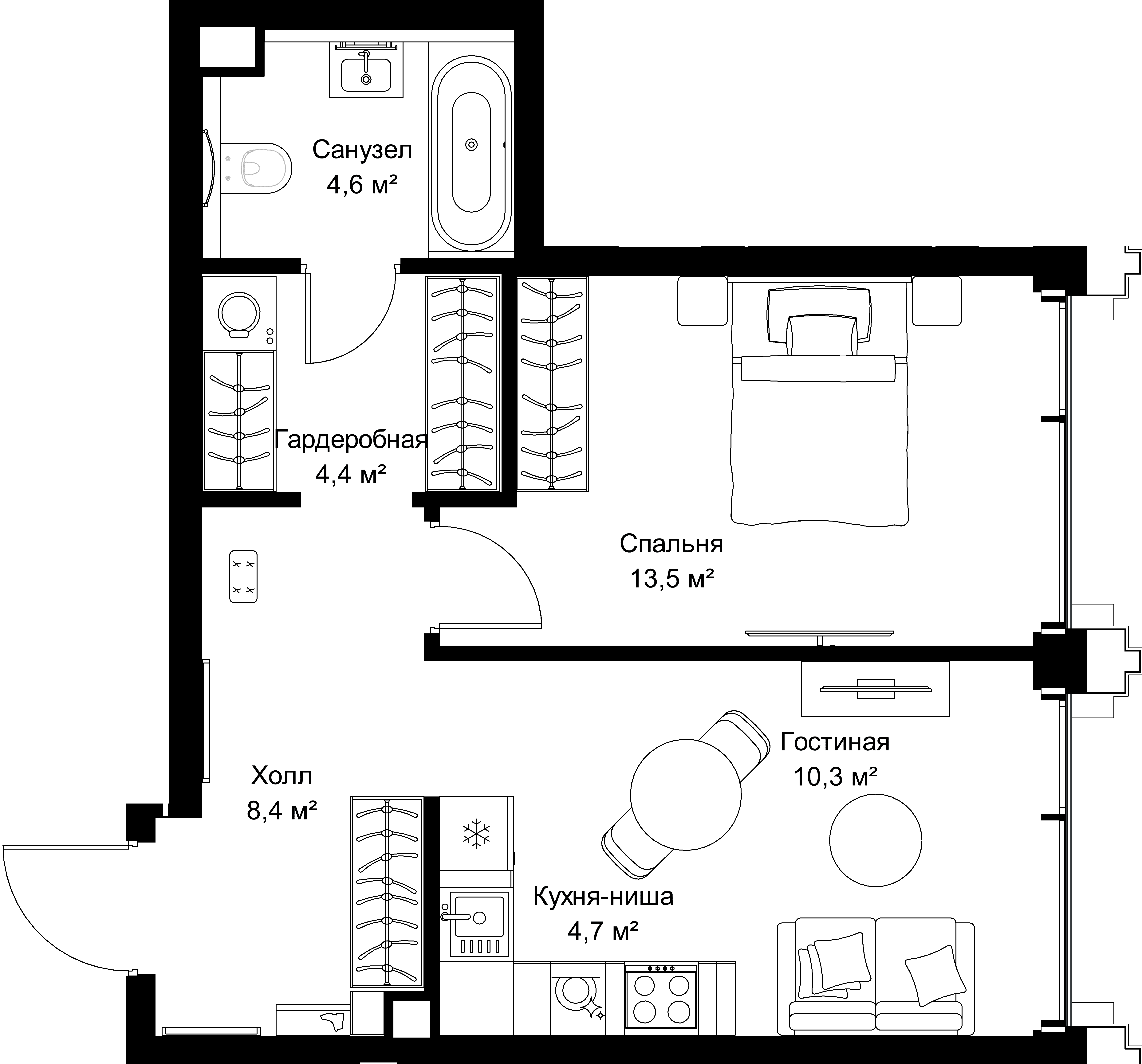 1-комнатная, 45,9 м² — 24 891 570 ₽