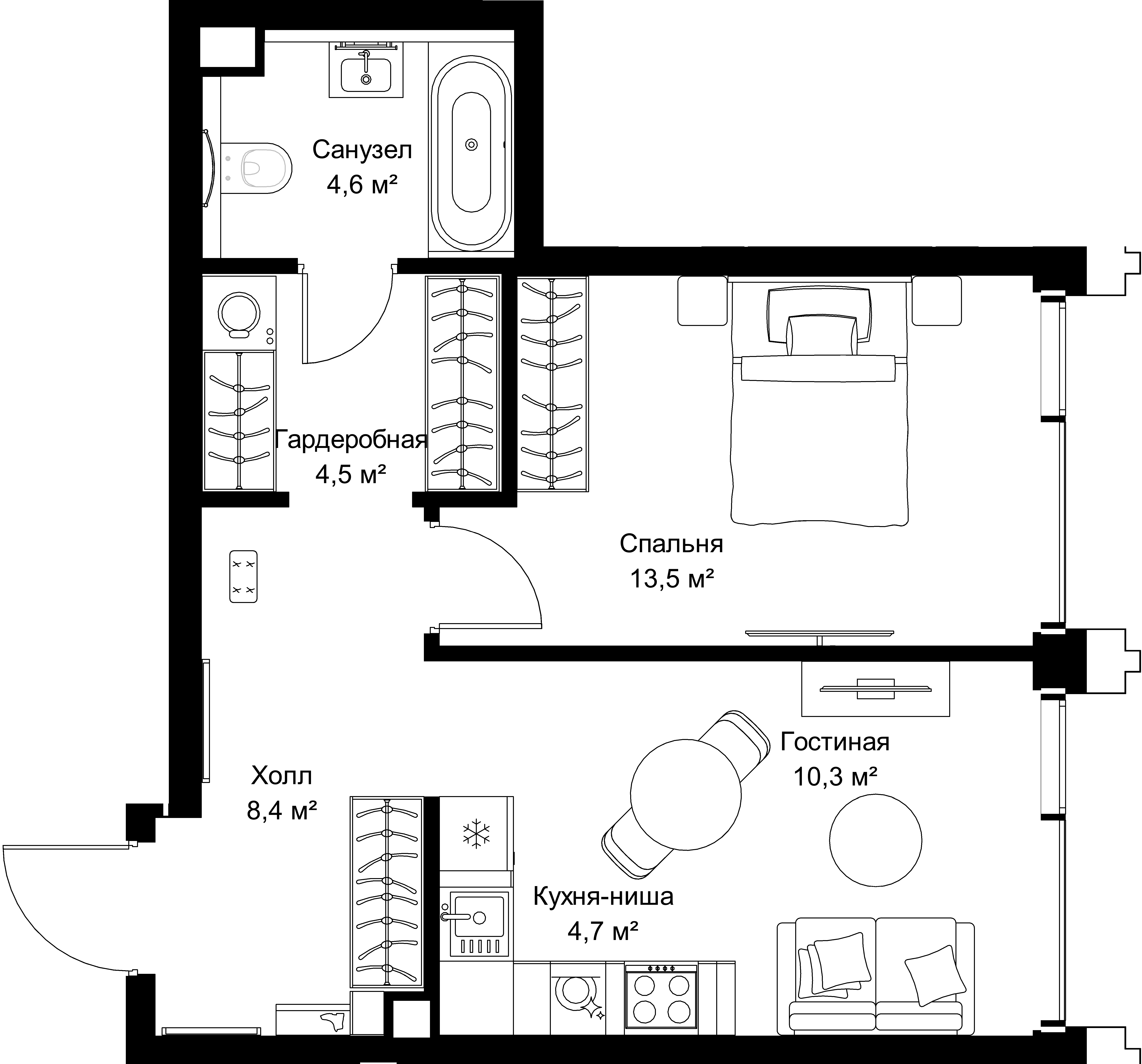 1-комнатная, 46 м² — 25 063 100 ₽