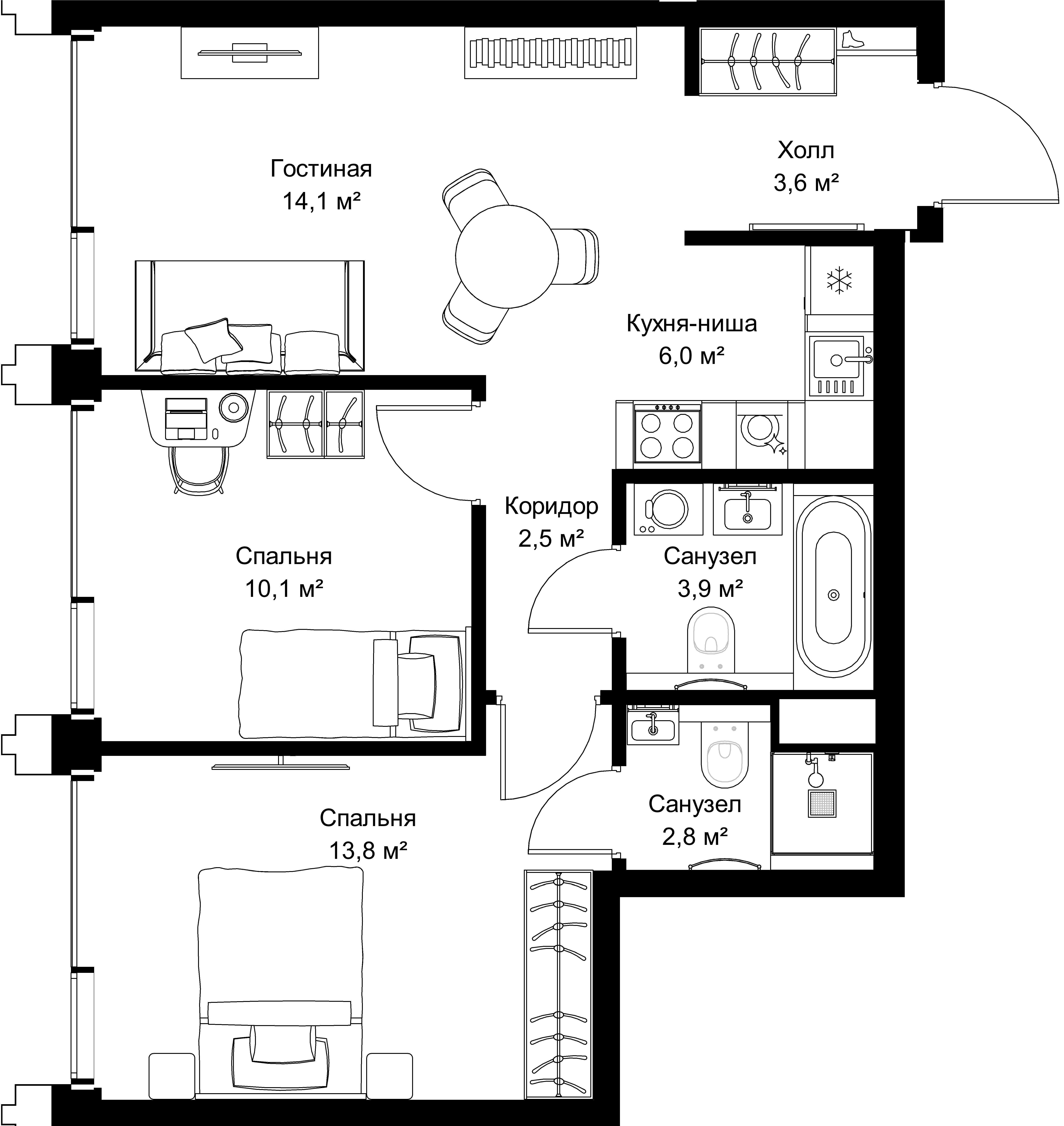 2-комнатная, 56,8 м² — 35 003 000 ₽