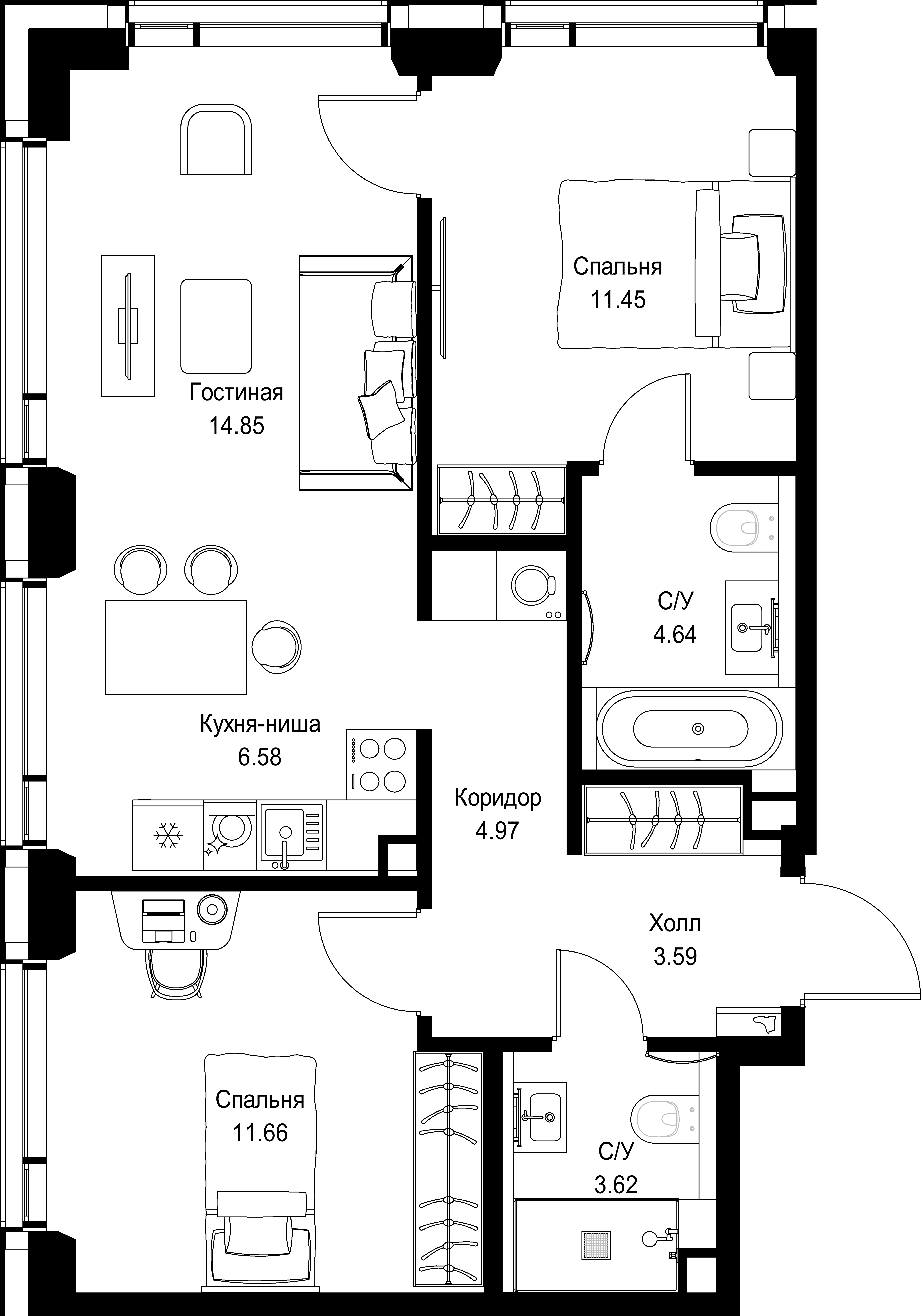 2-комнатная, 61,36 м² — 30 824 196 ₽