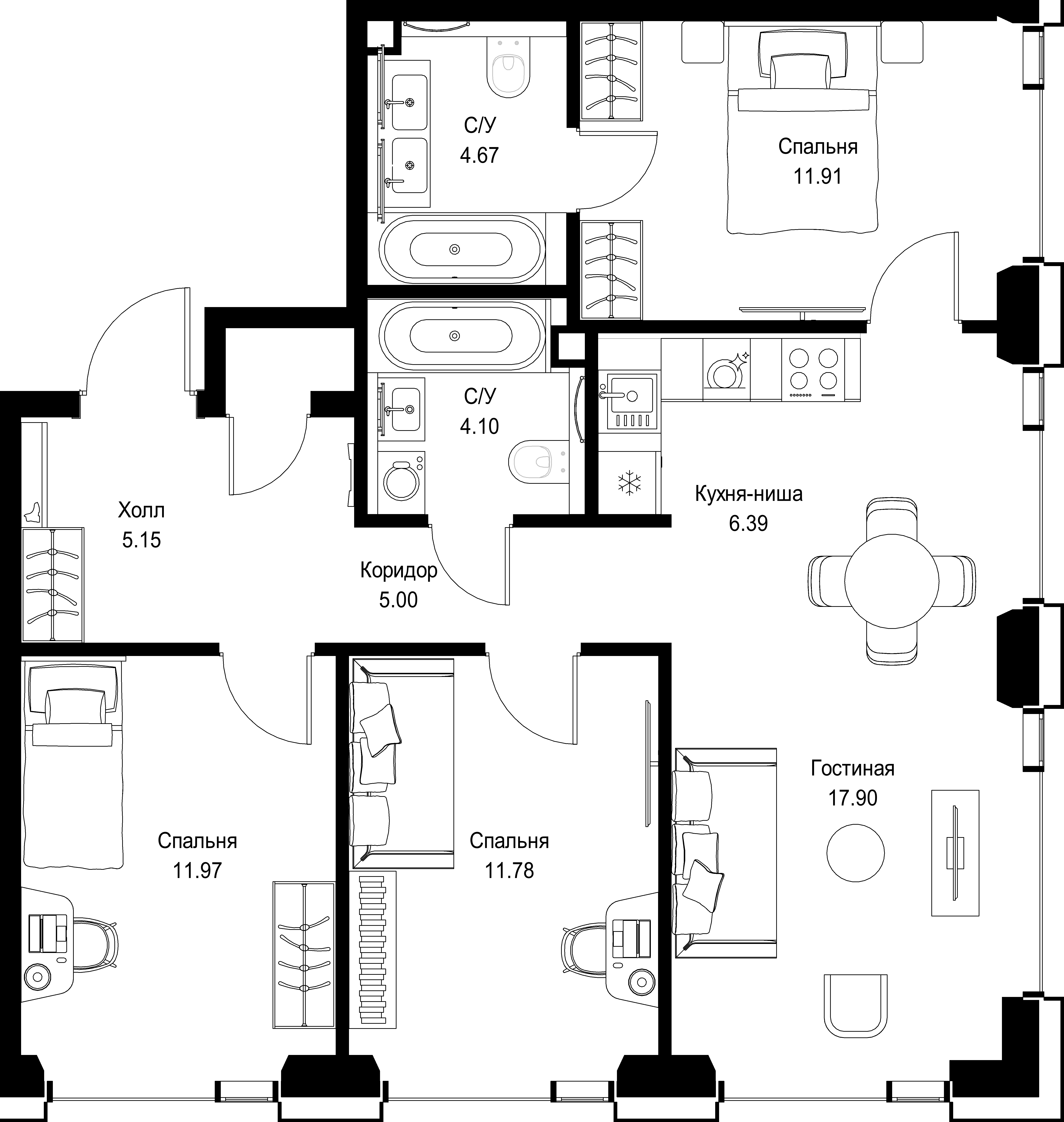 3-комнатная, 79,62 м² — 36 883 965 ₽