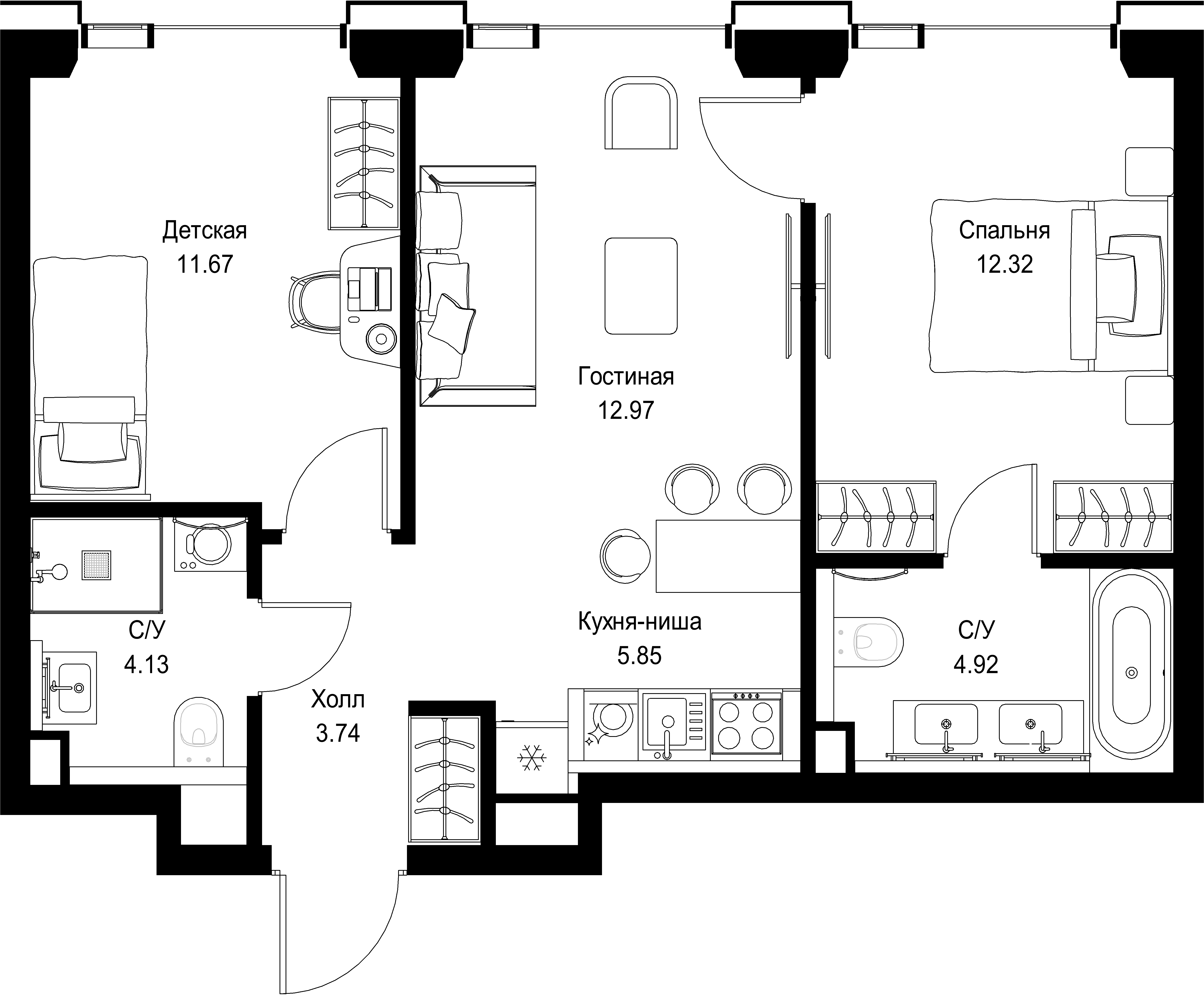 2-комнатная, 55,6 м² — 28 119 700 ₽