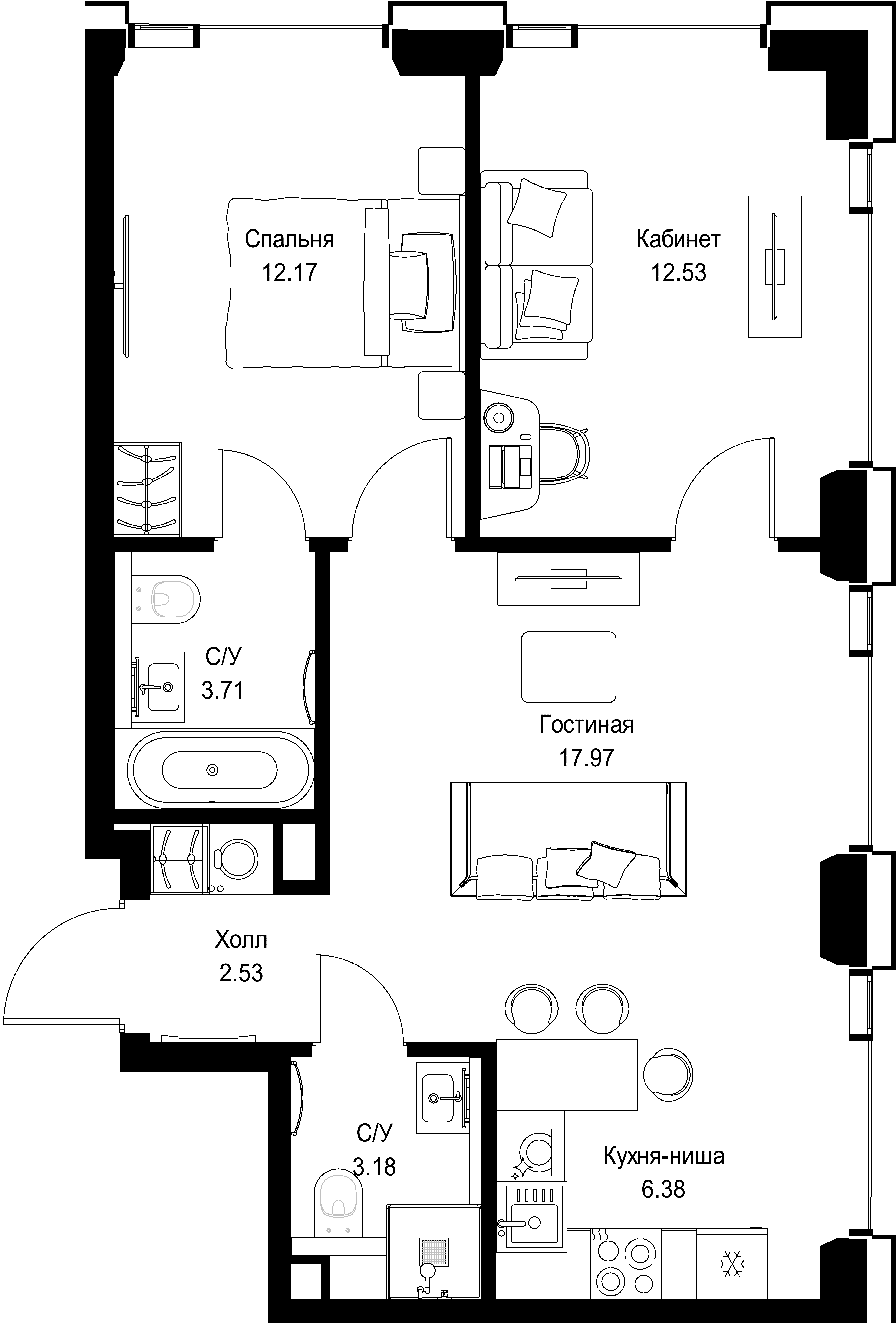 2-комнатная, 58,47 м² — 27 931 119 ₽