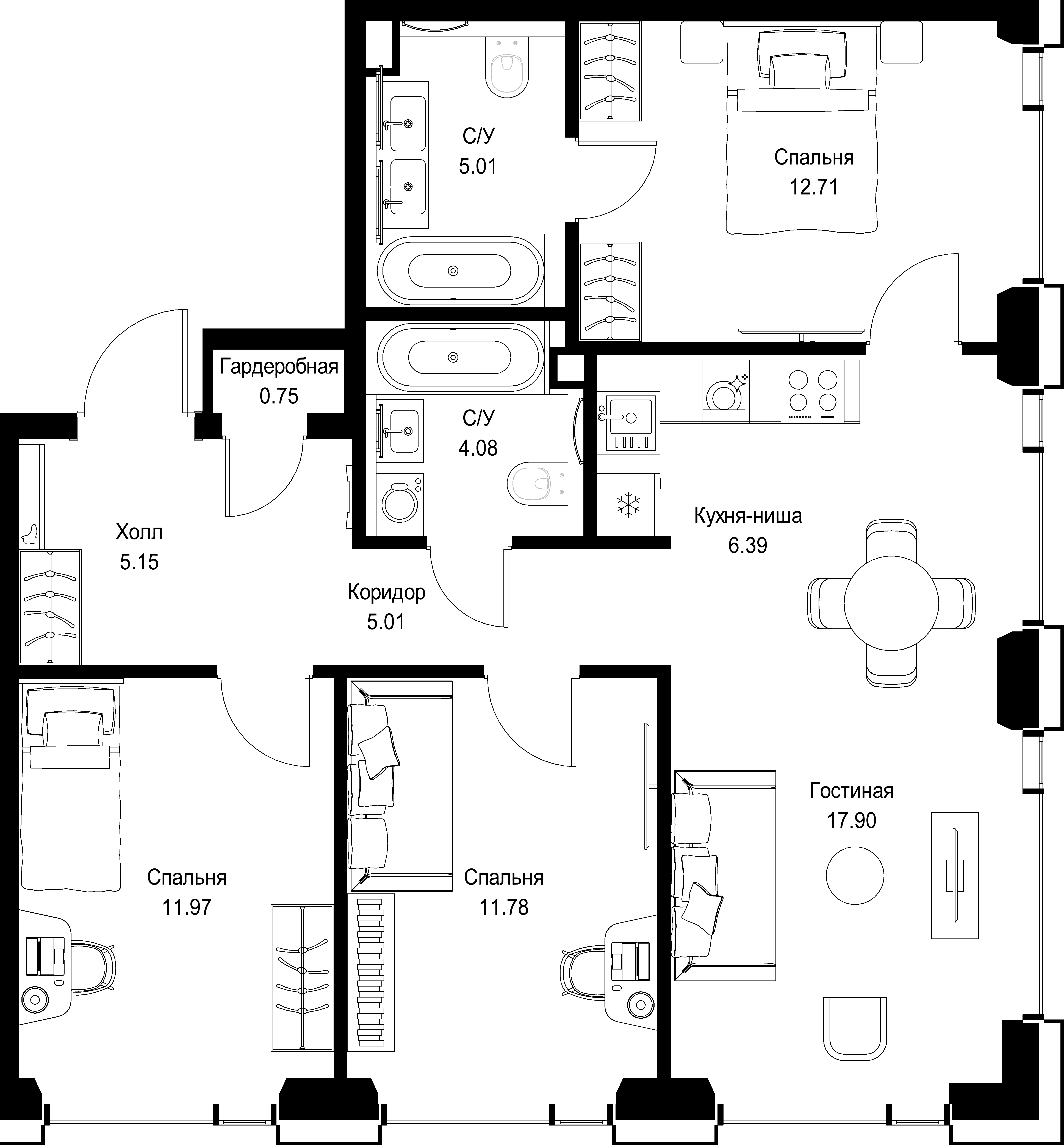 3-комнатная, 80,75 м² — 37 613 350 ₽