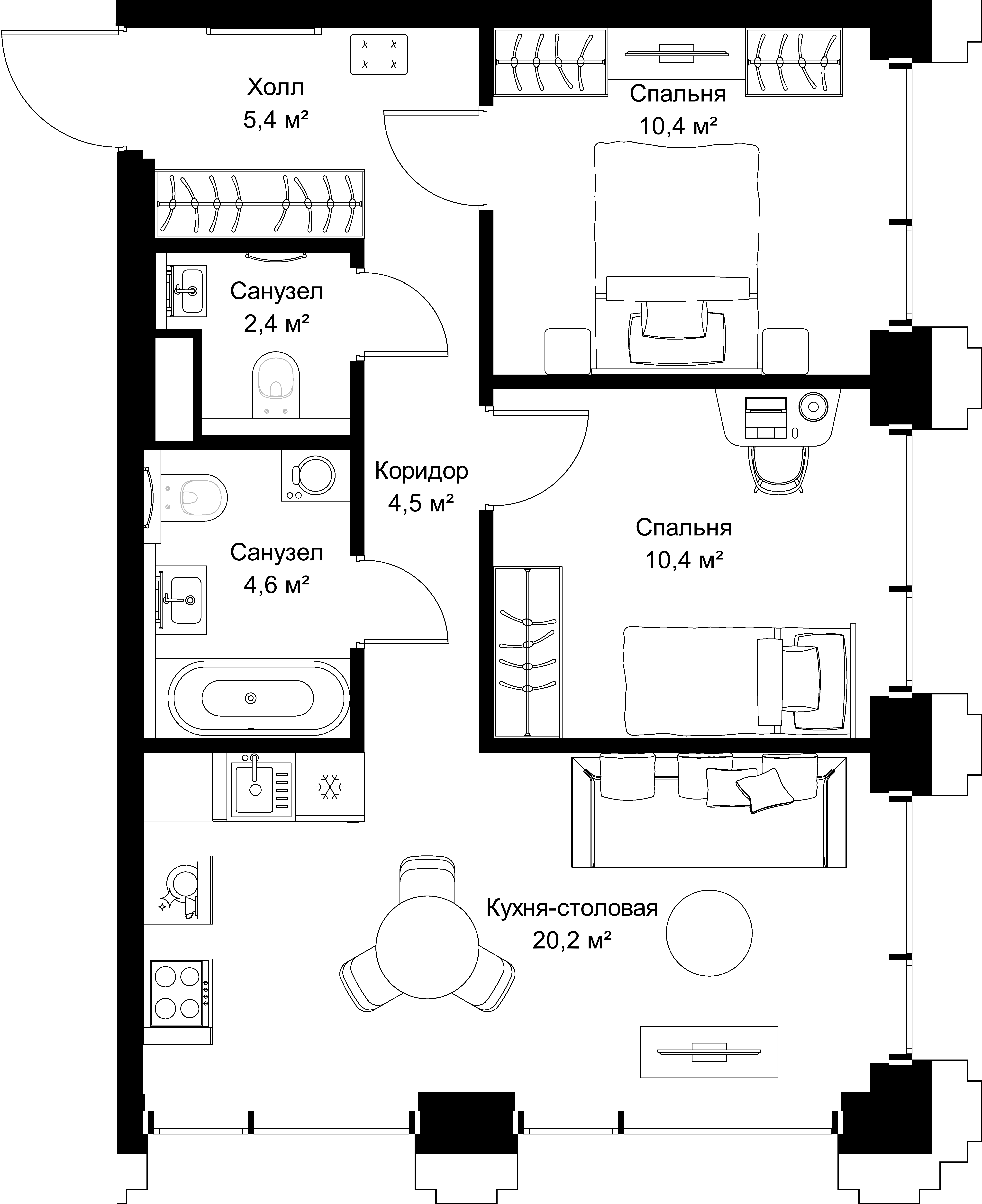 2-комнатная, 57,9 м² — 28 692 345 ₽
