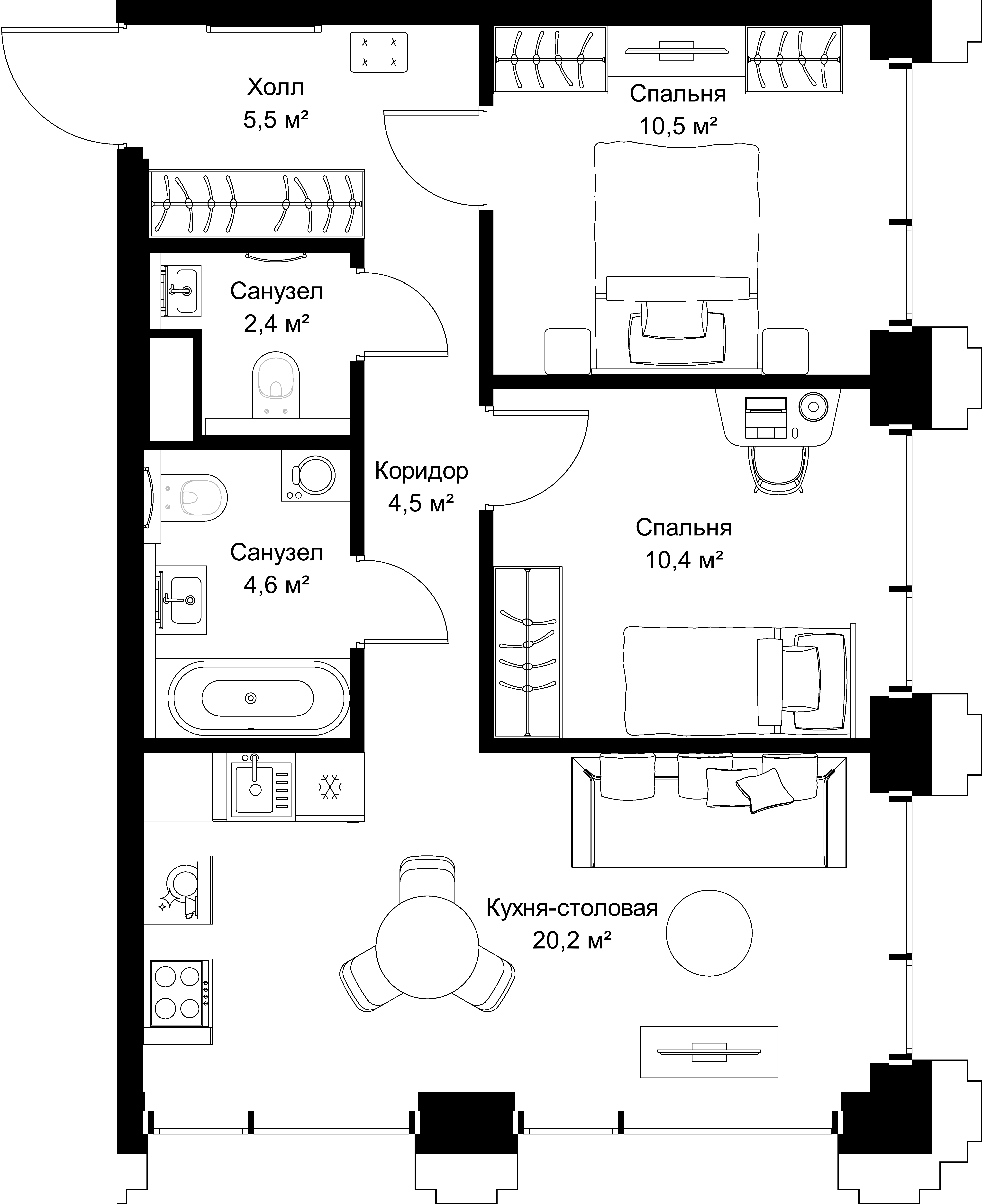 2-комнатная, 58,1 м² — 28 939 610 ₽
