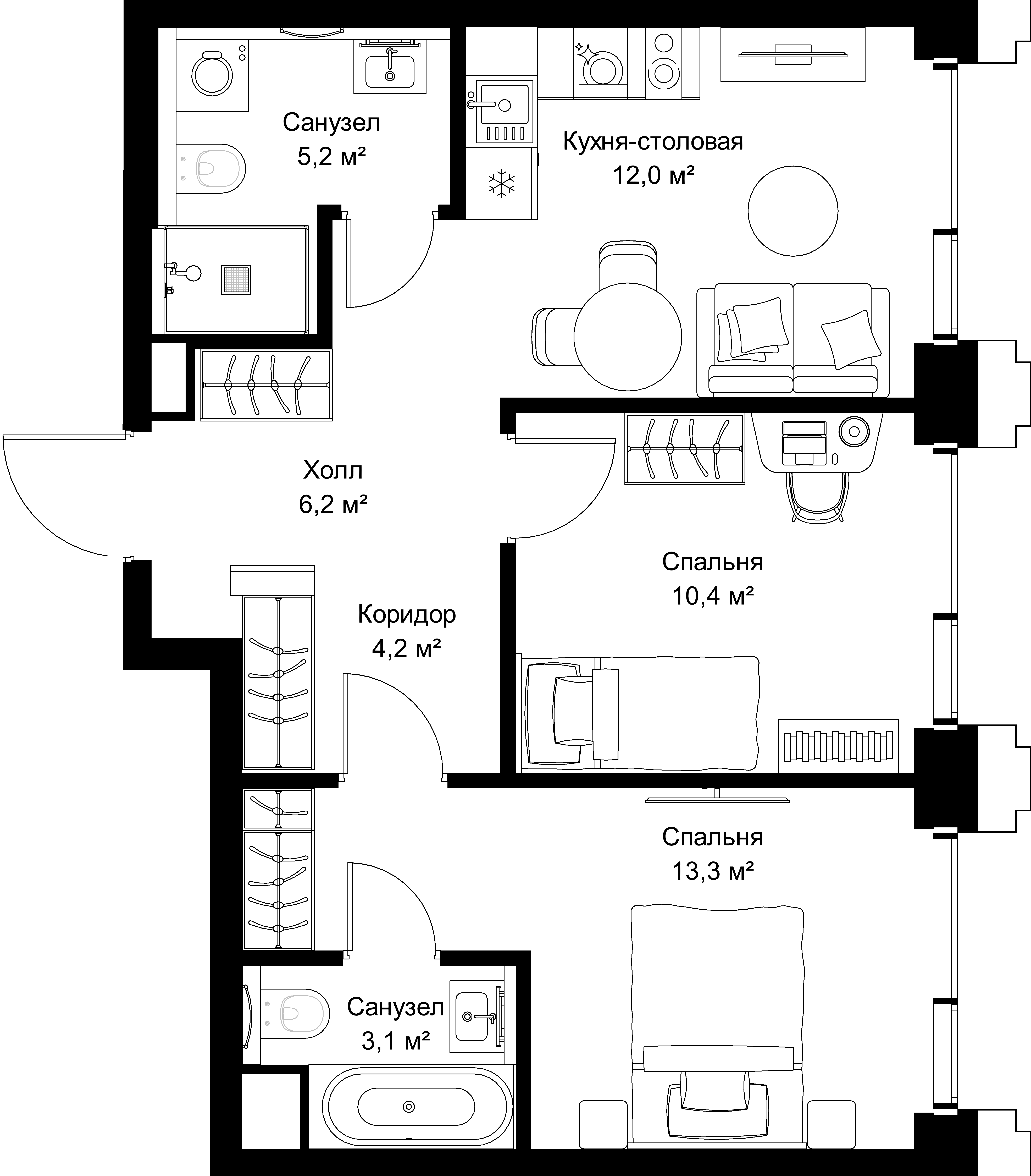 2-комнатная, 54,4 м² — 27 605 280 ₽