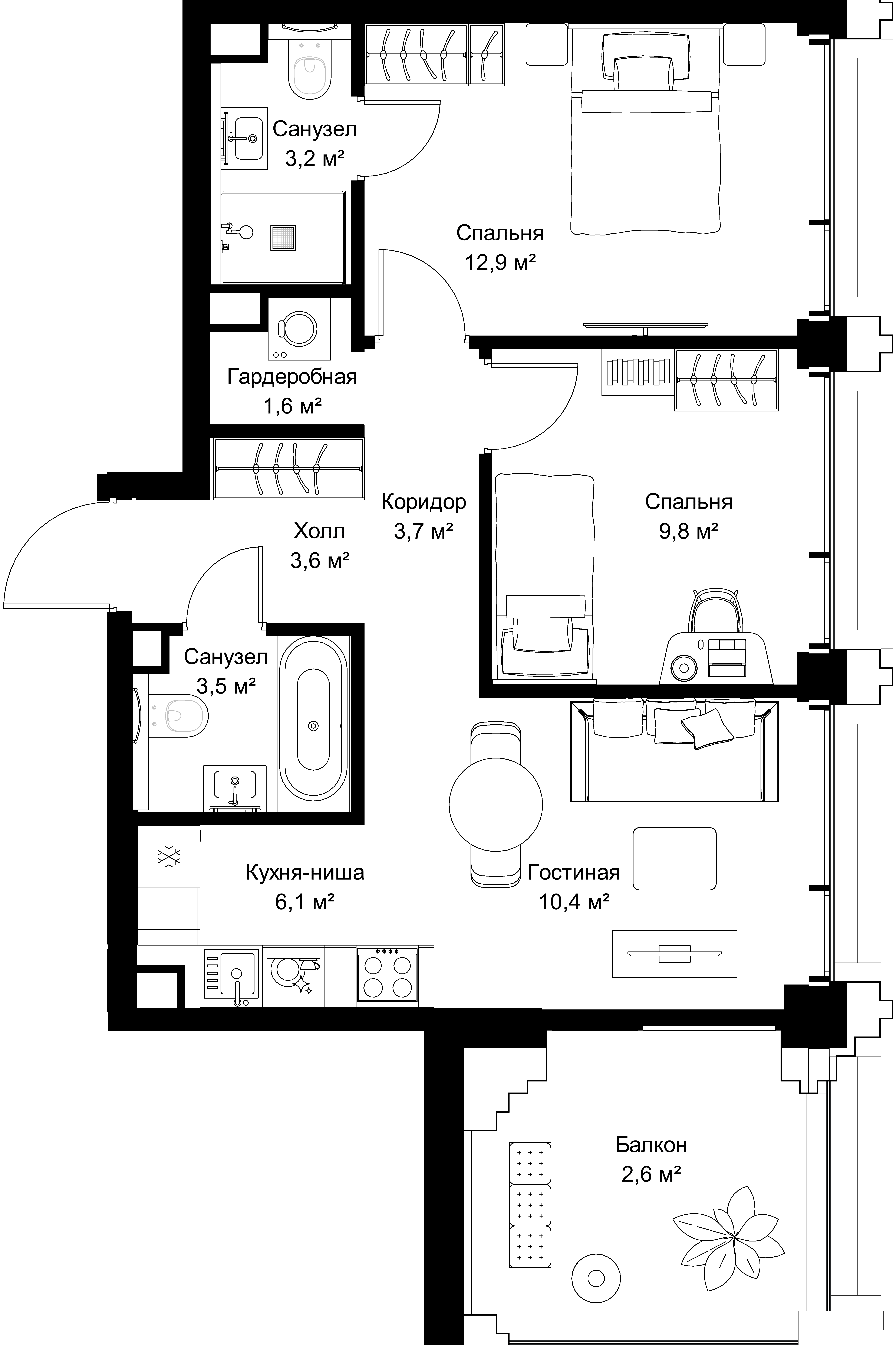2-комнатная, 57,4 м² — 37 324 350 ₽