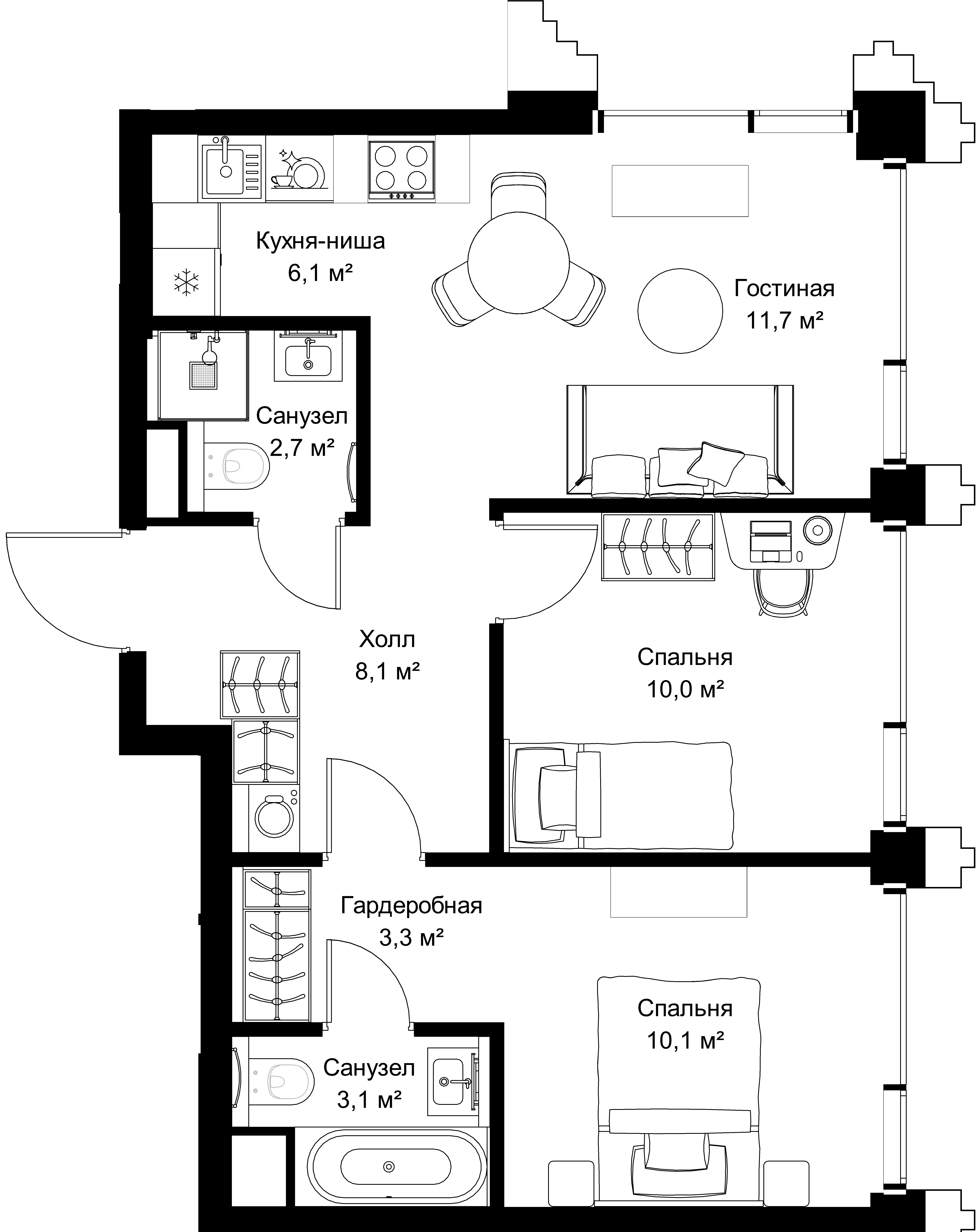 2-комнатная, 55,1 м² — 31 145 275 ₽