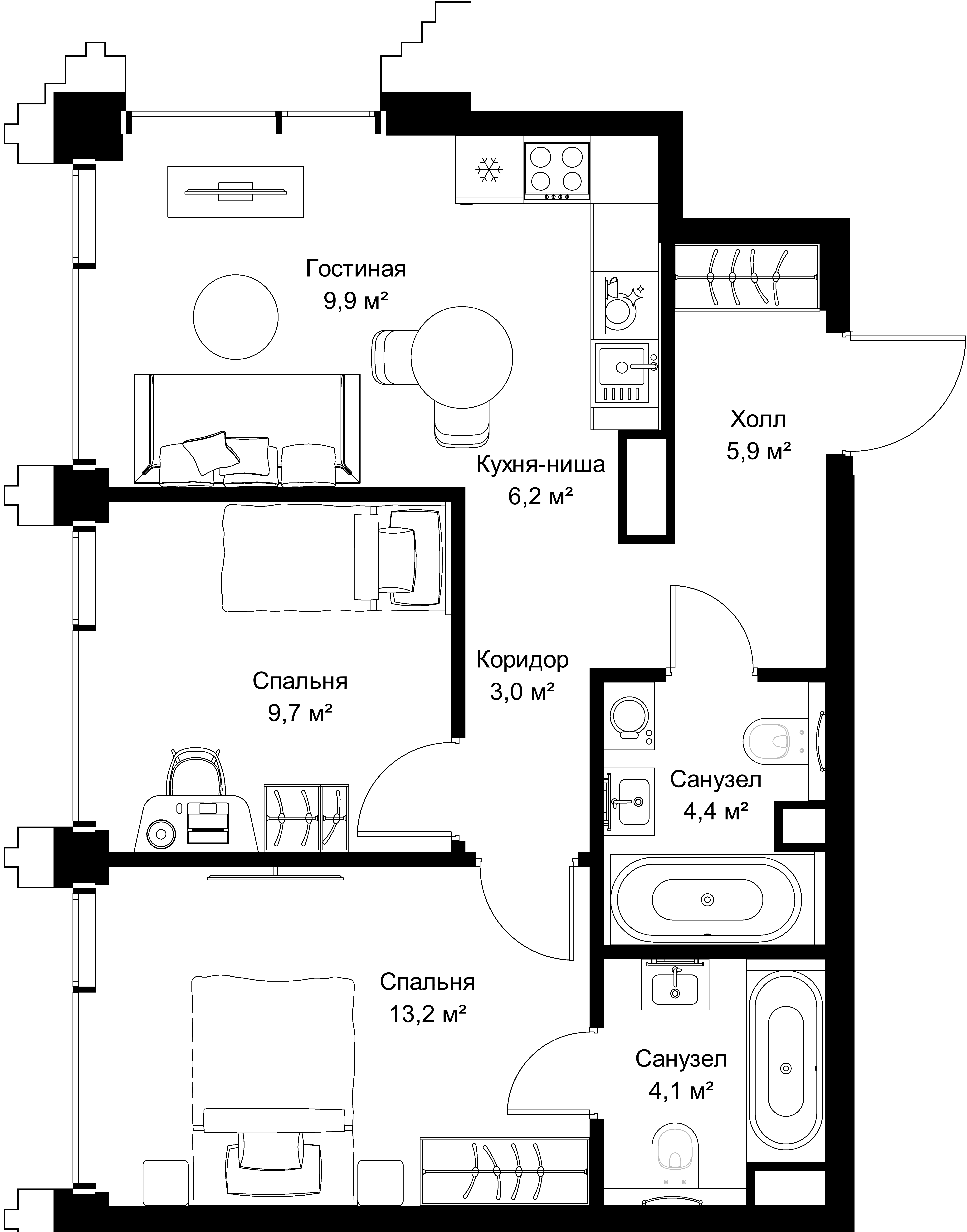 2-комнатная, 56,4 м² — 30 250 140 ₽